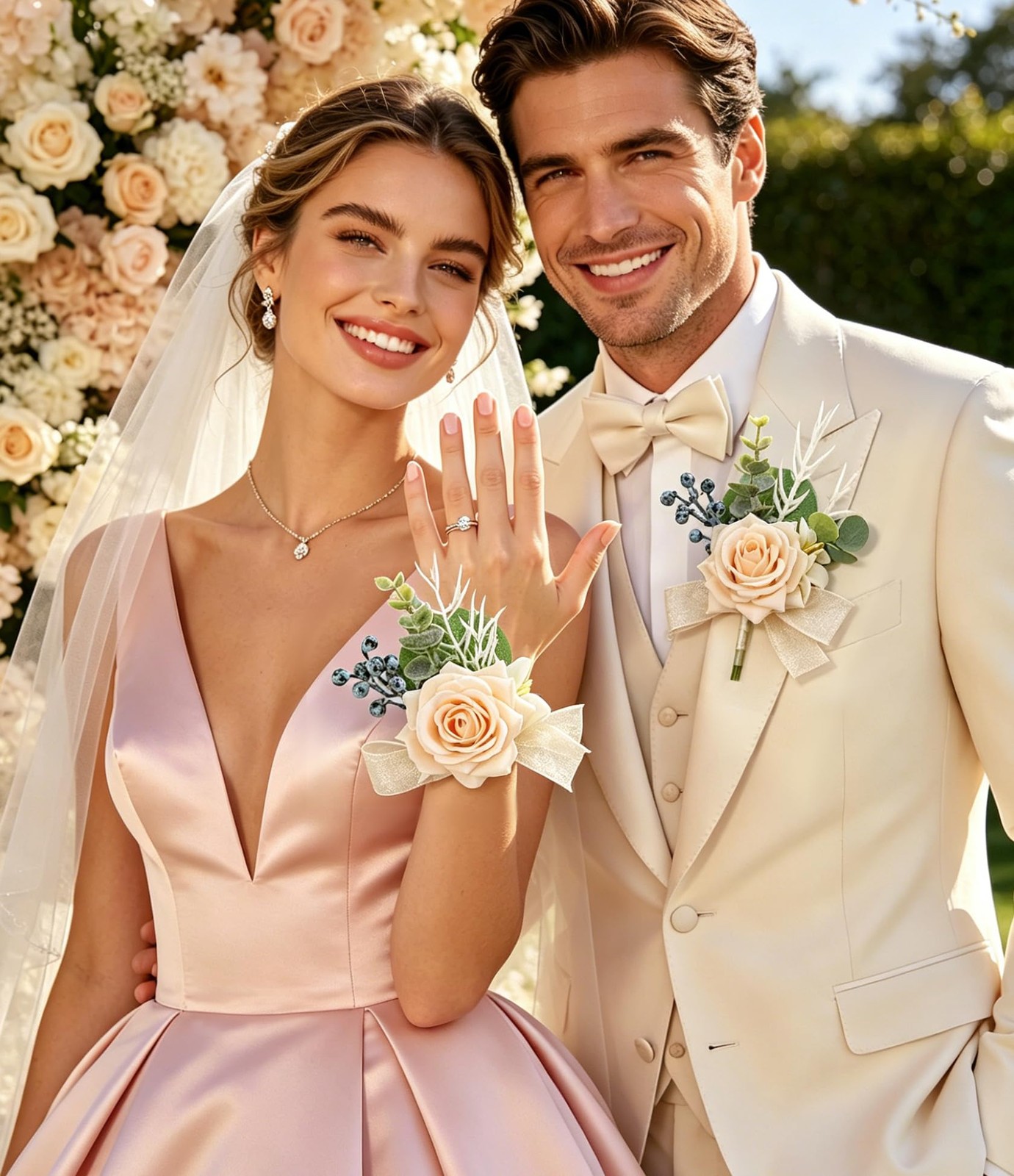 Champagne Artificial Silk Rose Corsage and Boutonniere Set for Prom