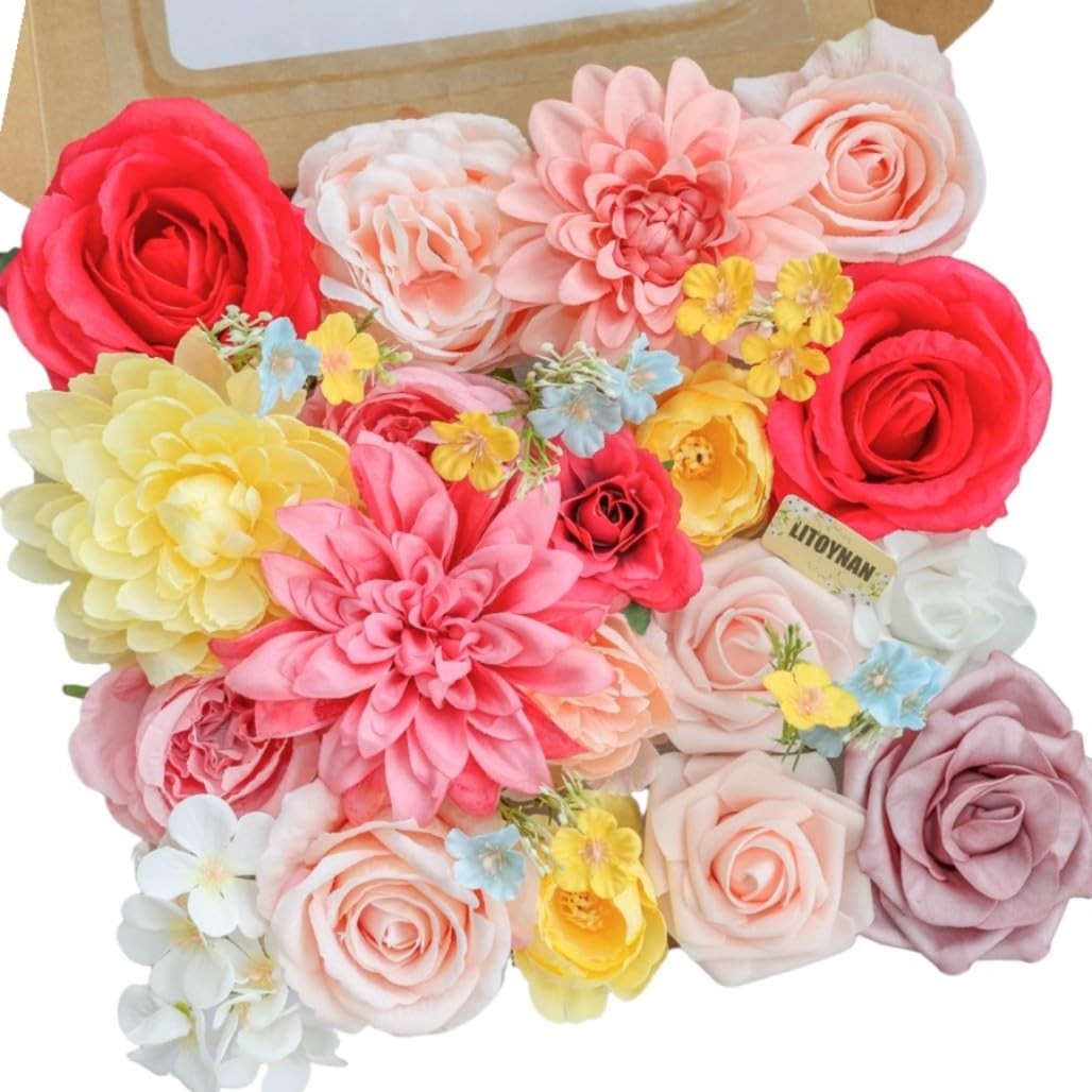 Artificial Flower Box Set Pink & Yellow Silk Flowers Rose Faux Flowers for DI…
