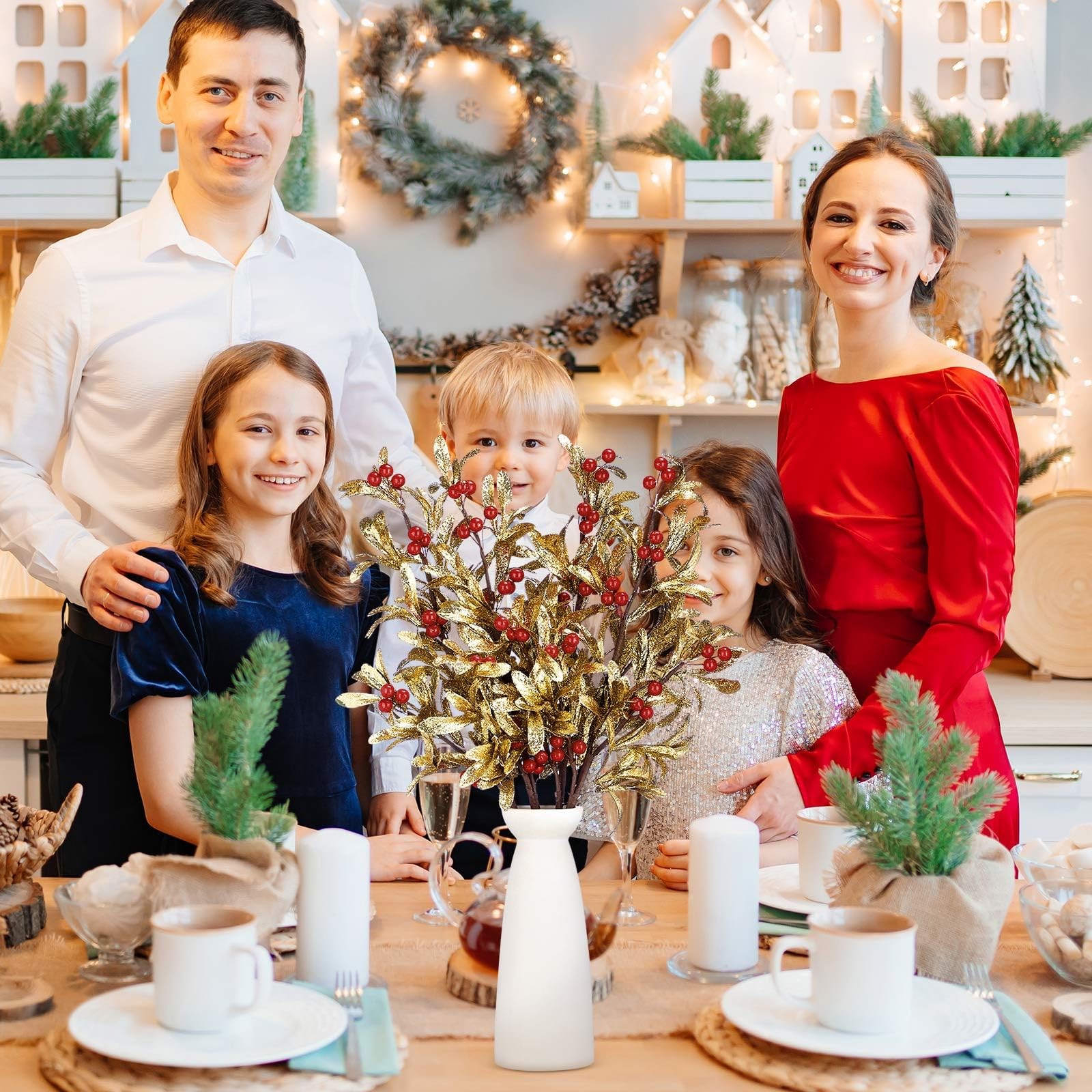 4 Pcs Christmas Artificial Mistletoe Picks 23.6 Inch Xmas Fake Flowers with R…