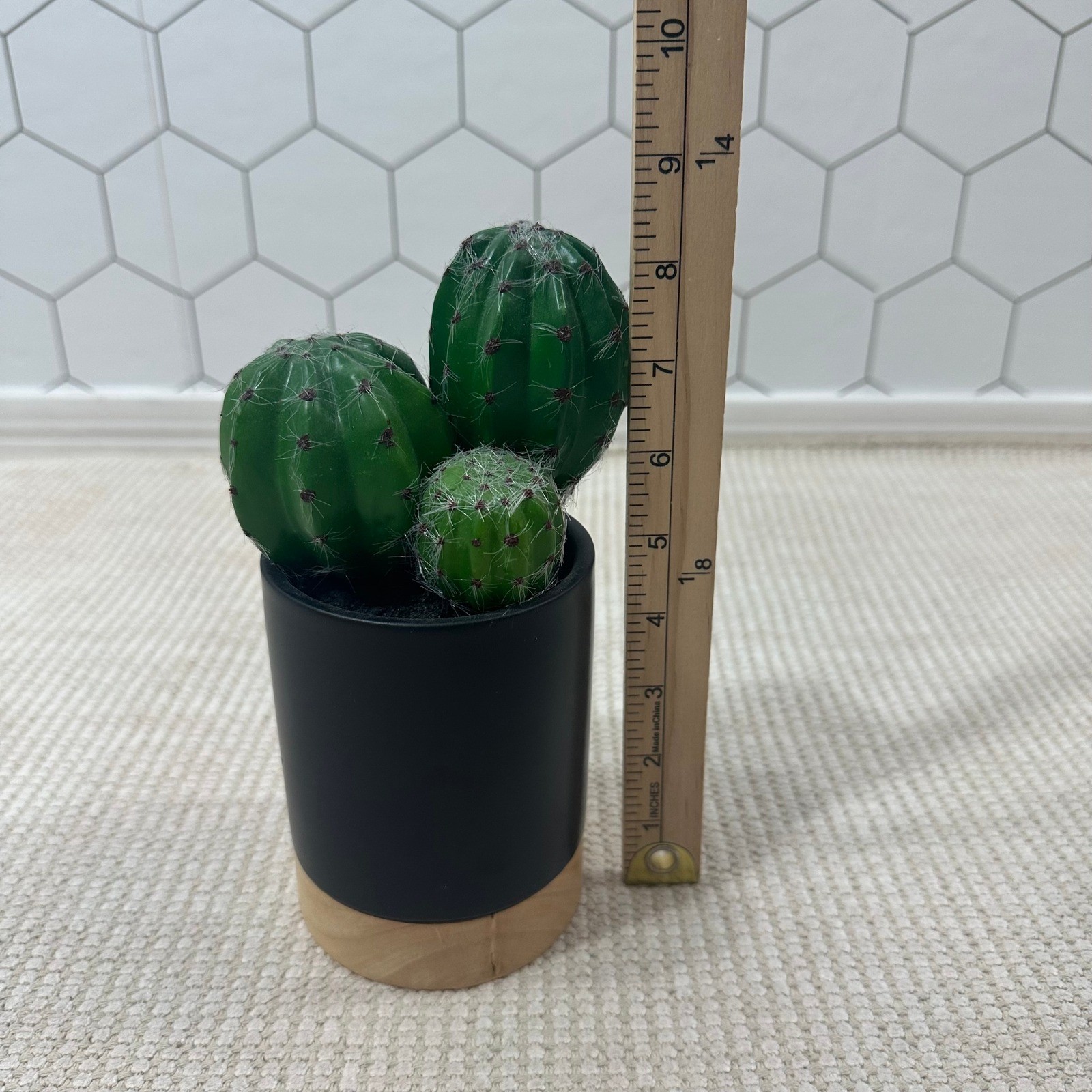 Project 62 Faux Cactus Tabletop Arrangement Black Pot Wood Base 8.5 Inch Green