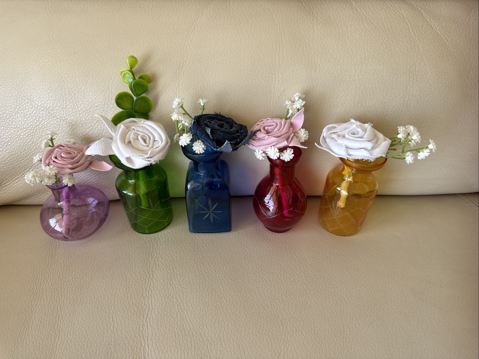 Five Small Upcycled 3 1/2” Vases With Coordinating Colors Handmade Denim Roses