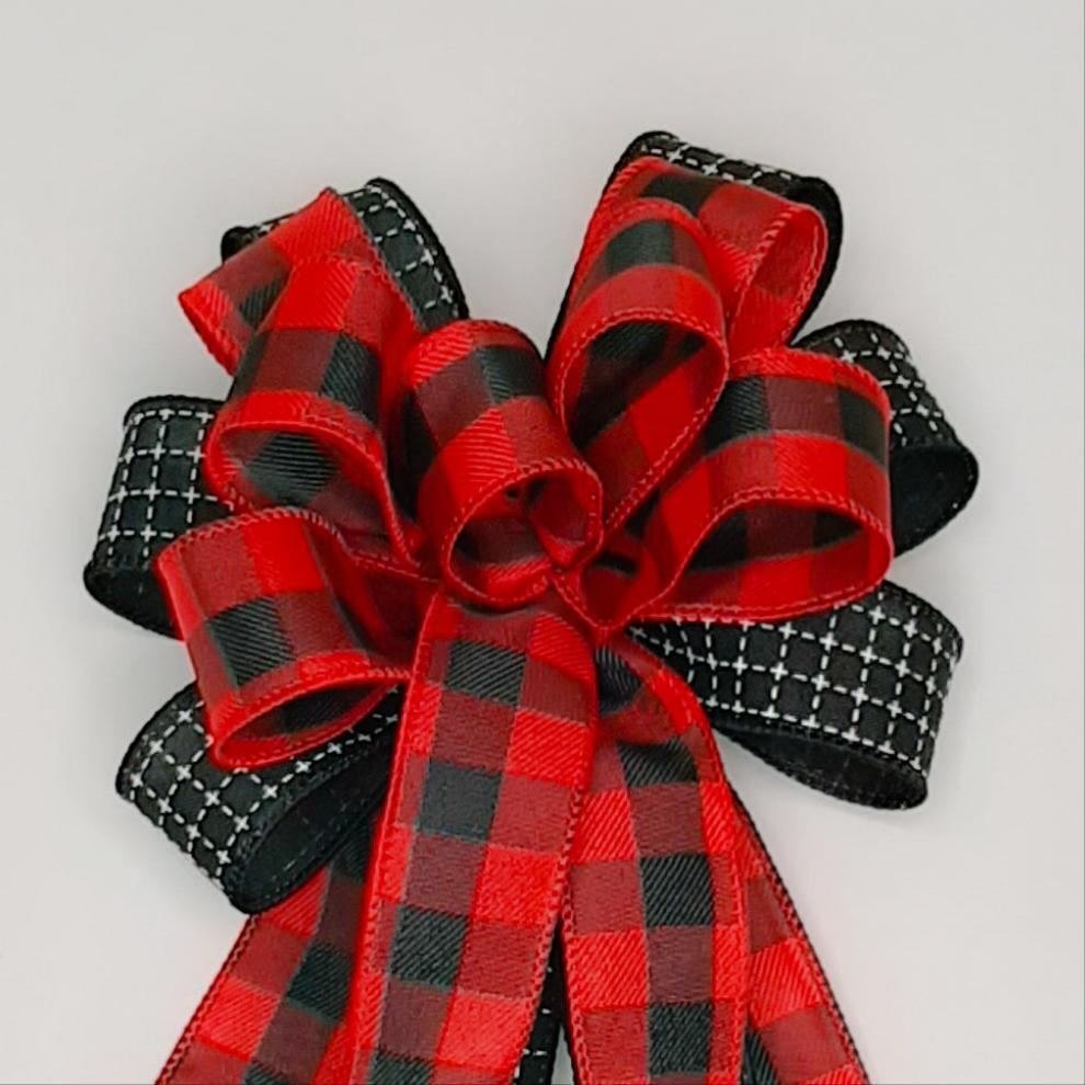 Christmas Bow, Red and Black Check with Black Stitch Print