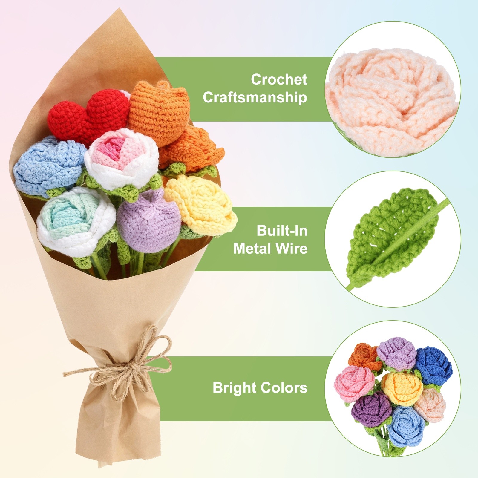 6Pcs Crochet Flower Rose Handmade Knitted Bouquet Beige,