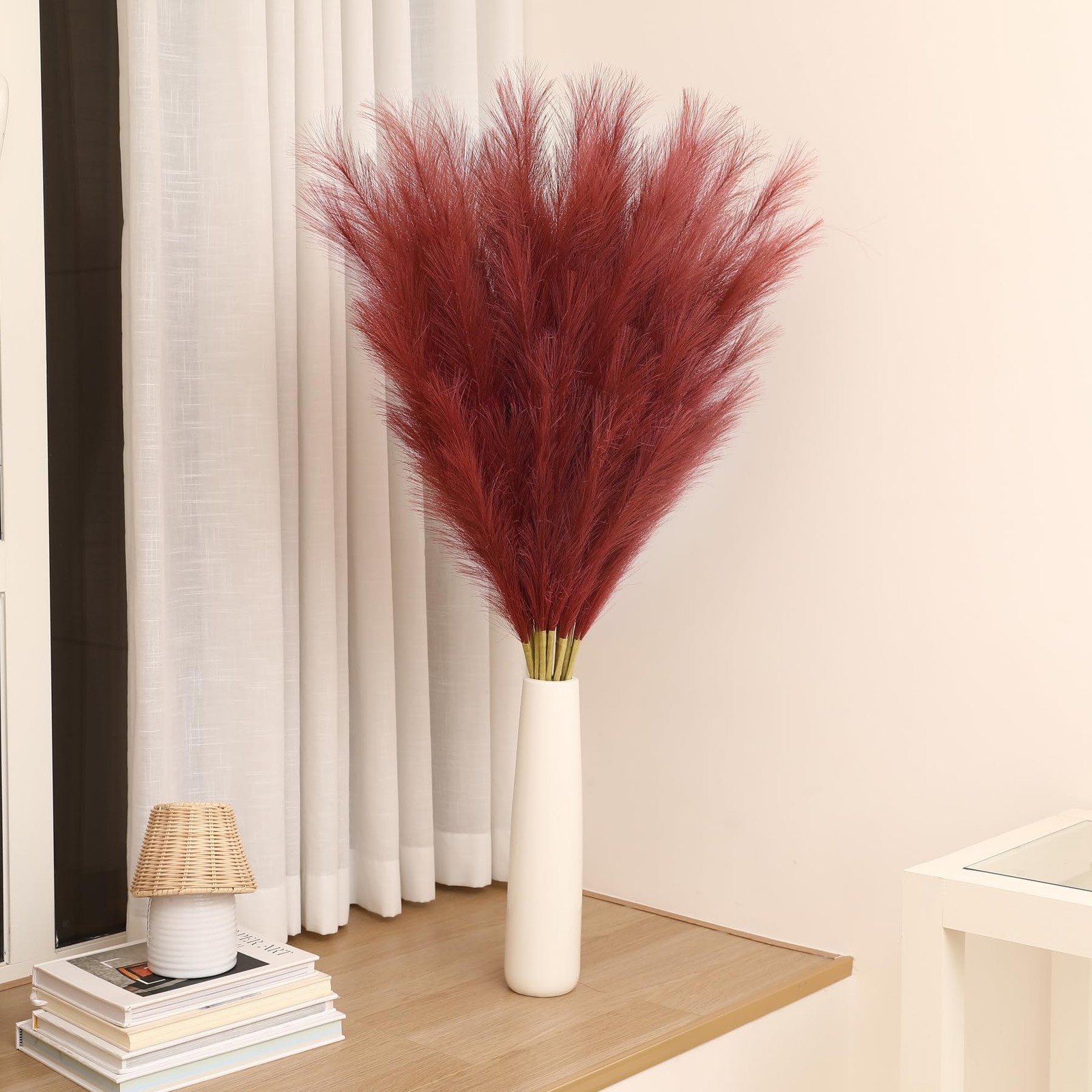 8 PCS Burgundy Pampas Grass Decor 45 Inch Tall Faux Pompous Artificial Vase