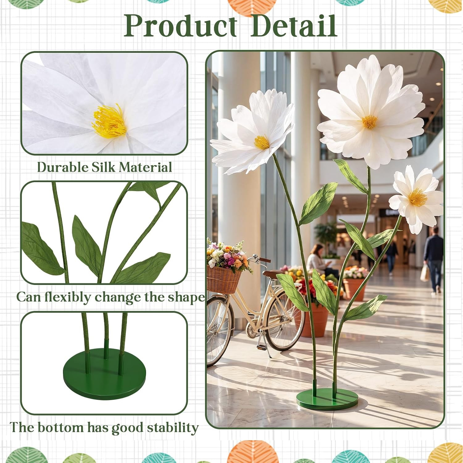6Ft White Giant Flowers for Decoration with Stand, Large Artificial Silk Daisy,