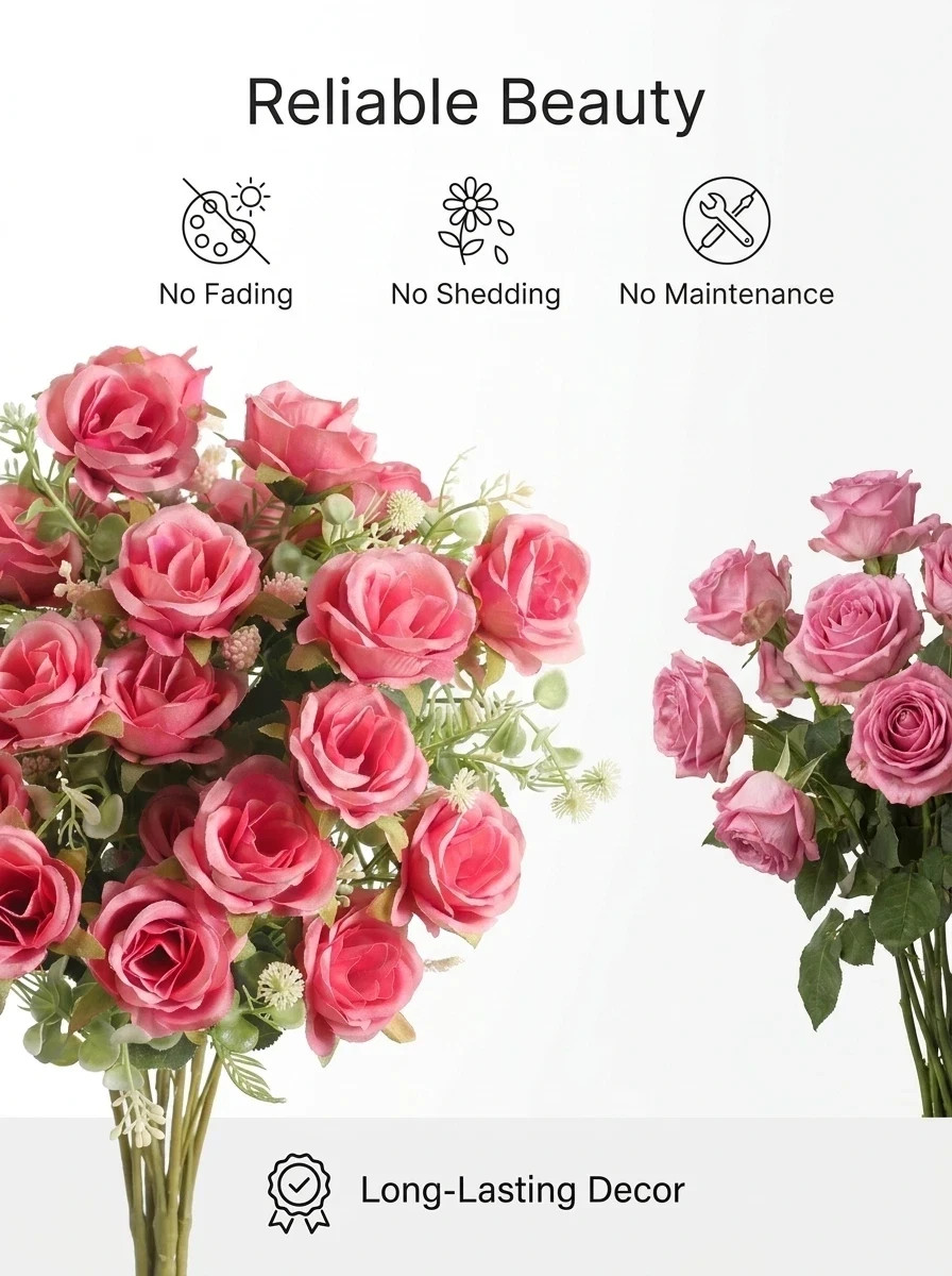 Artificial Rose Bouquet Set of 3 Pink Silk Flowers Wedding Home Decor 12in