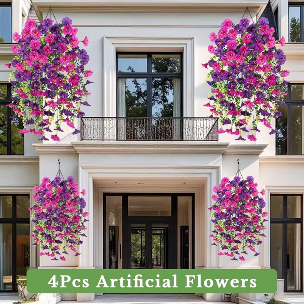 4PCS Artificial Morning Glory Vines UV Resistant Hanging Flowers Outdoor Decor