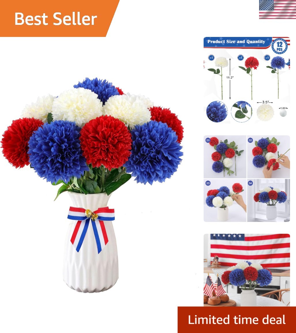 Realistic Silk Chrysanthemums – 12 Count Red, White & Blue – Indoors/Outdoors