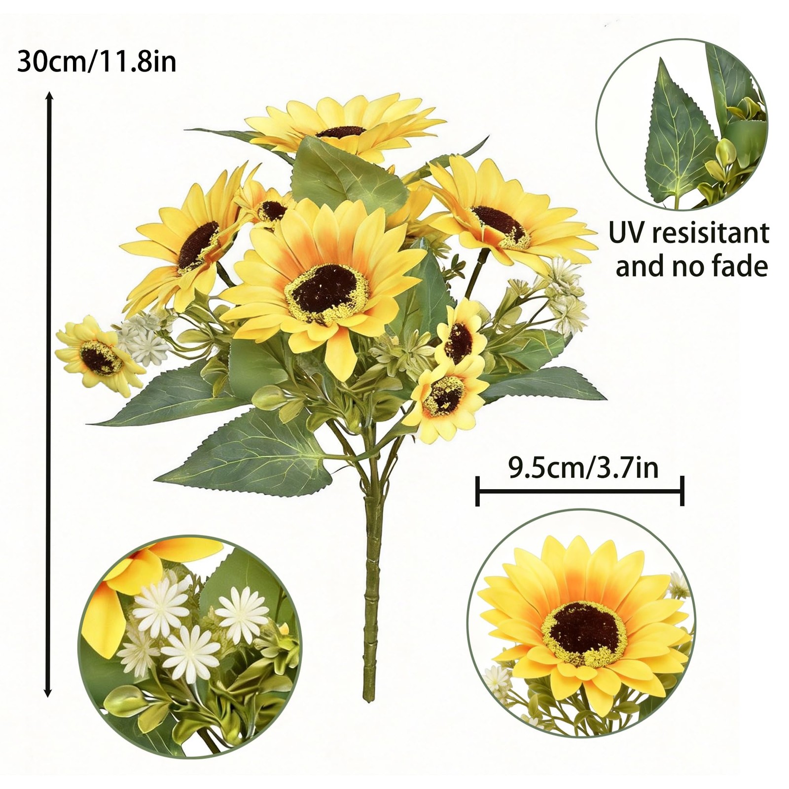 Artificial Sunflower Bouquets 2 Pack 12 Inch Faux Flowers 5 Large Heads Green Le
