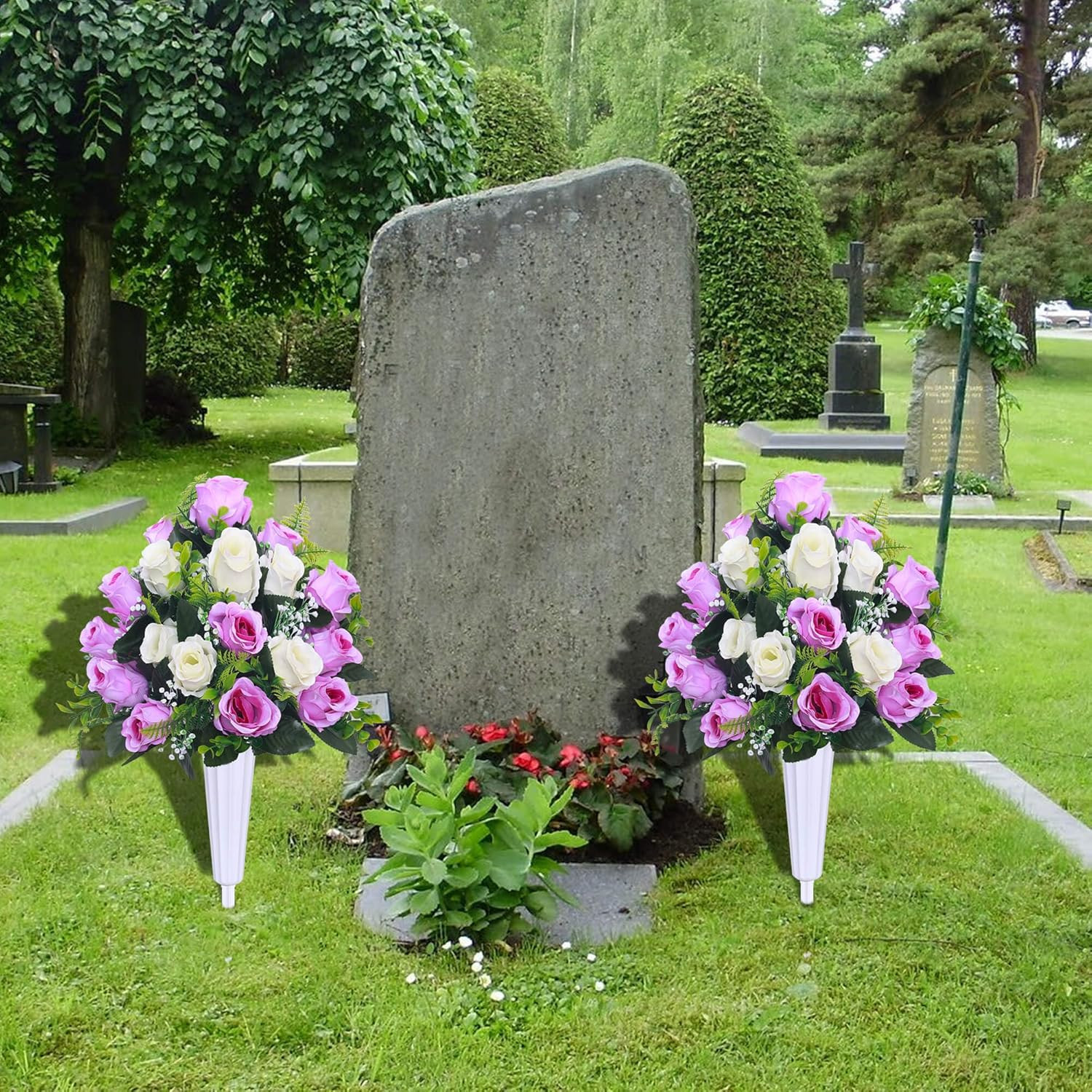 Artificial Cemetery Flowers 2 Set Grave Decorations Roses Tombstone Memorial