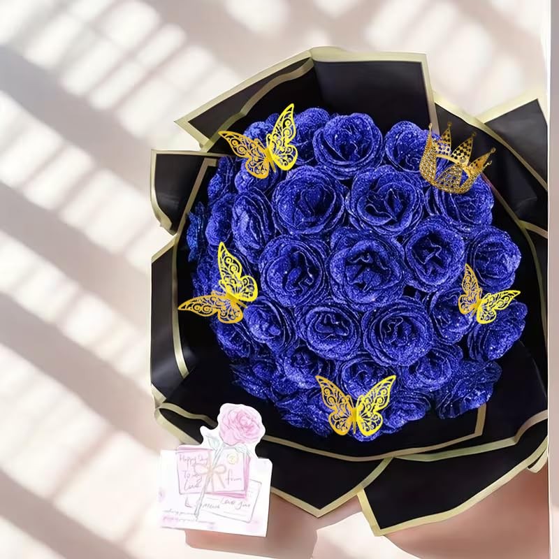 12 PCS Glitter Roses Bouquet DIY Fake Everlasting Shiny Blue Rose Decor