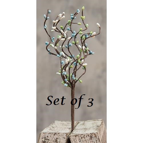 NEW PRIMITIVE Pip Berry Picks Stems 12″T BLUE GREEN IVORY 3 pcs Crafts Cottage