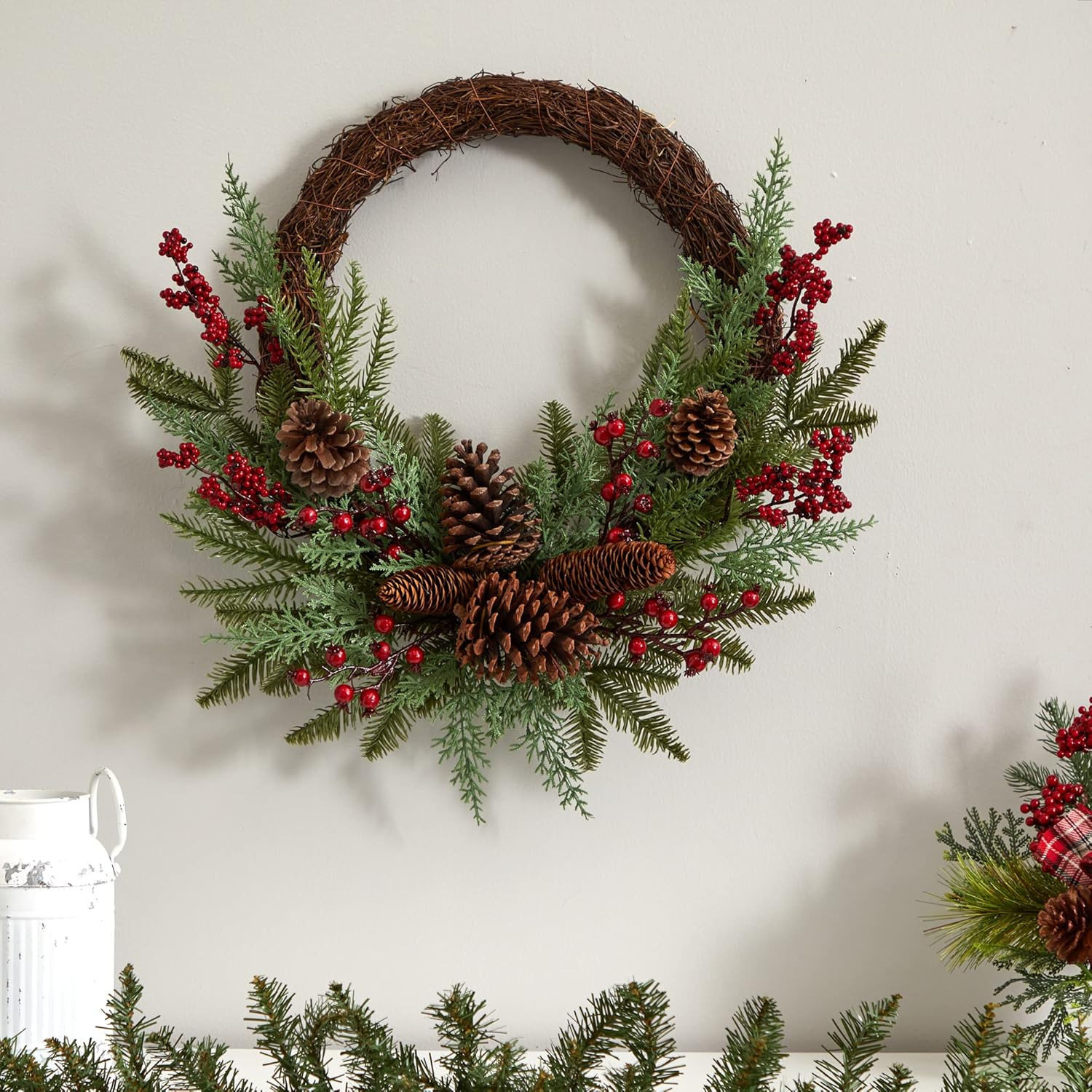 22In. Mixed Cedar with Berries and Pine Cones Artificial Wreaths, Green/Red , 3.