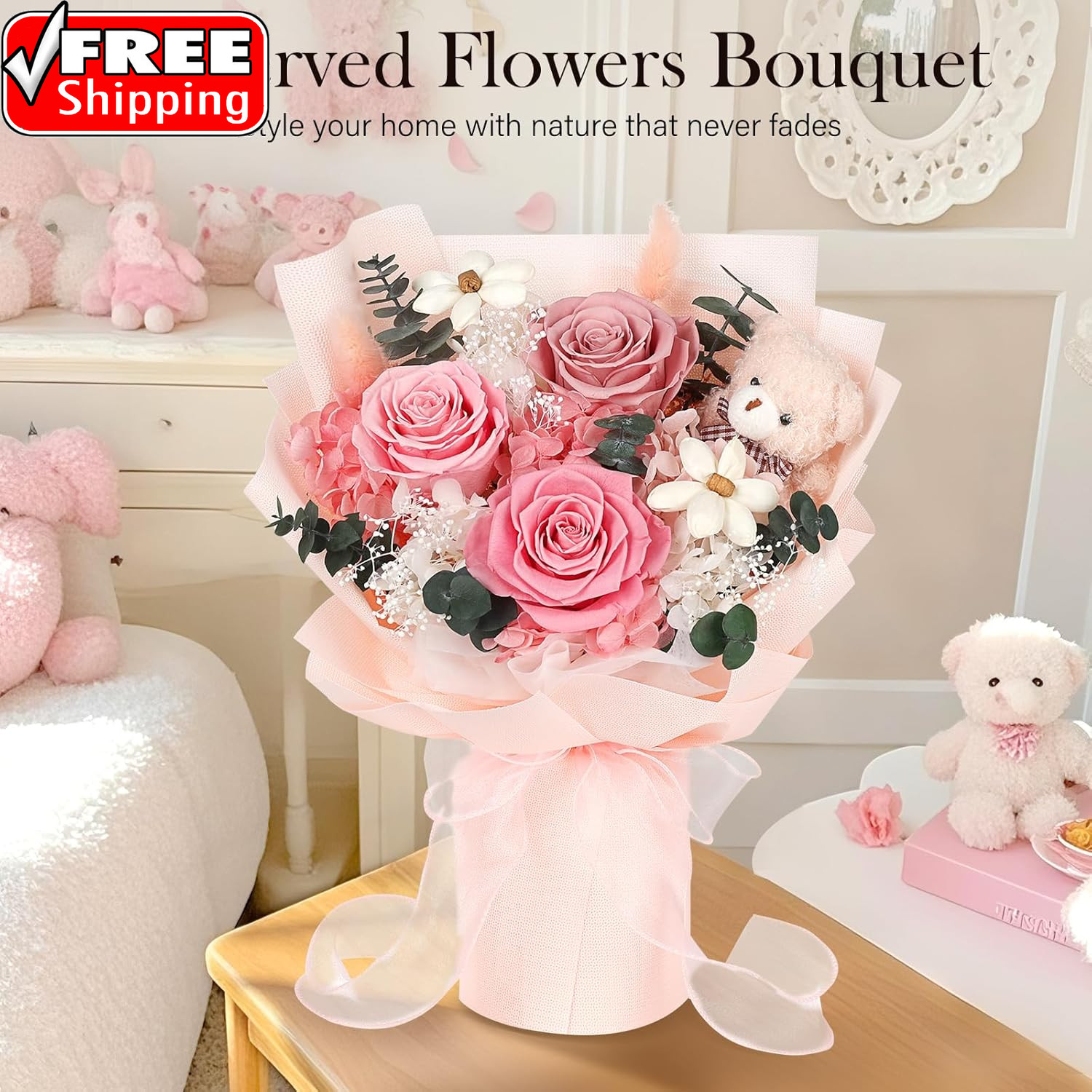 Preserved Flowers Bouquet with Bear, 3 Real Forever Flowers for Delivery, Long-L