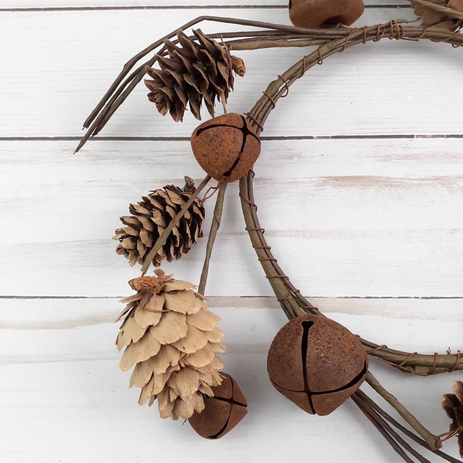 Candle Ring Wreath Pinecone Brown Rusty Bells 6 in Inside Rustic