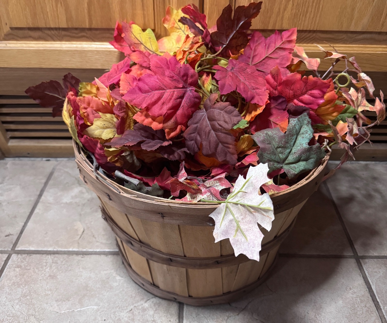 Fall Apple Picking Basket With Faux Fall Colorful Leaves Outdoor Decor