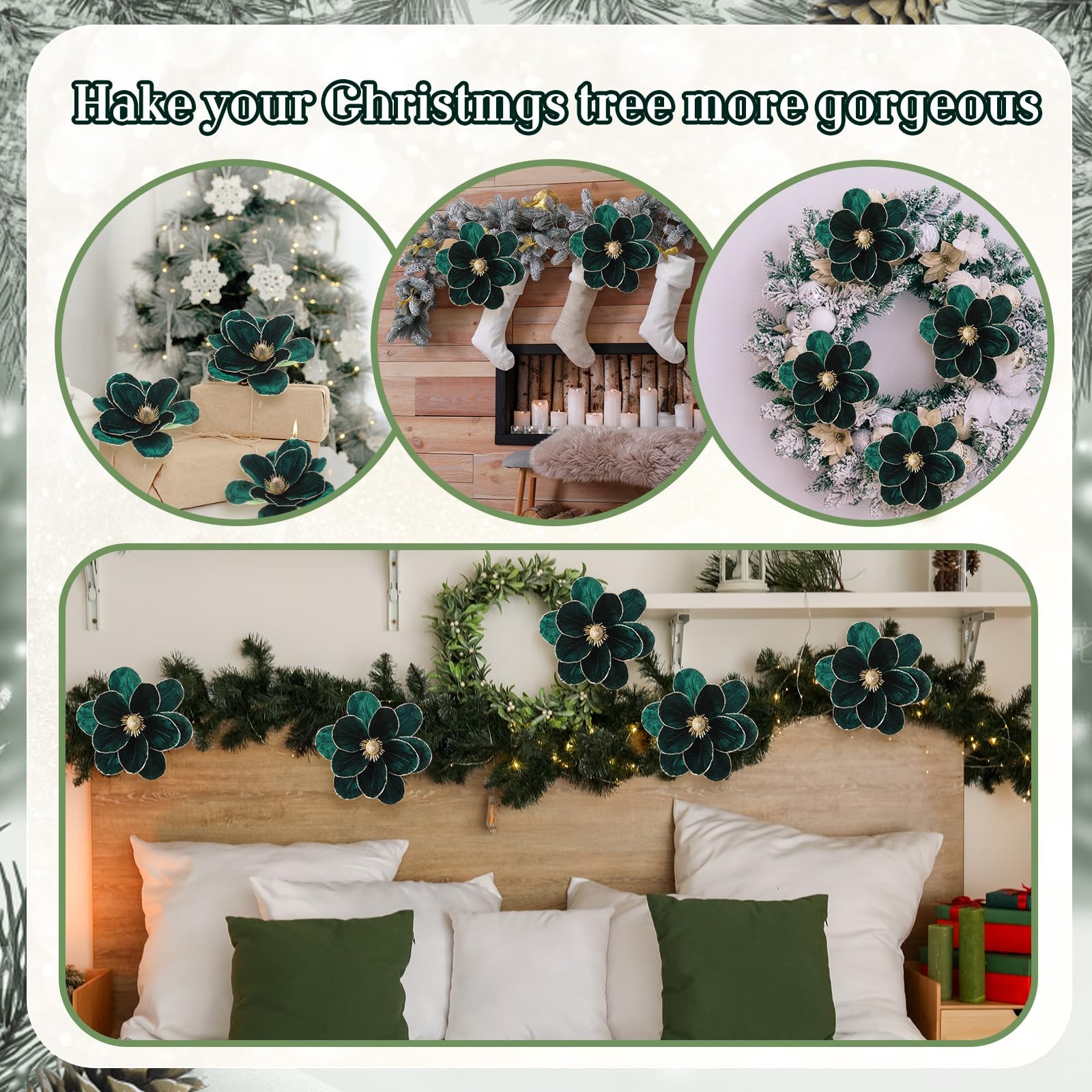 18 PCS Dark Green Large Velvet Christmas Poinsettia Magnolia Flowers Decor Set