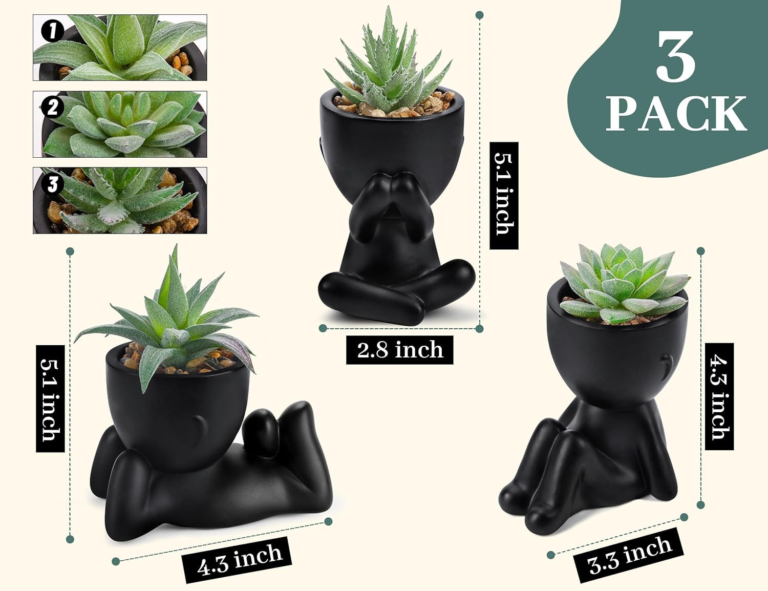 3Pcs Fake Succulents Plants Artificial for Black Bathroom Bedroom Home Living Ro