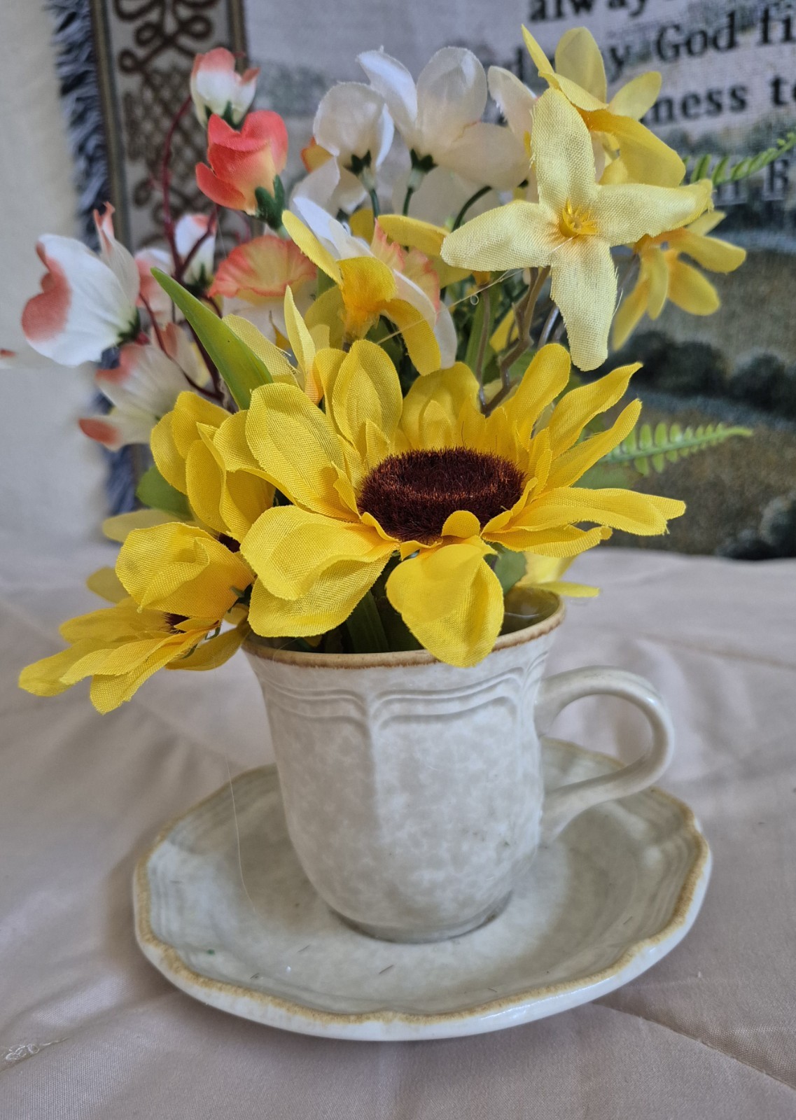 Artificial Sunflower Floral Arrangement in Ceramic Cup and Saucer Yellow