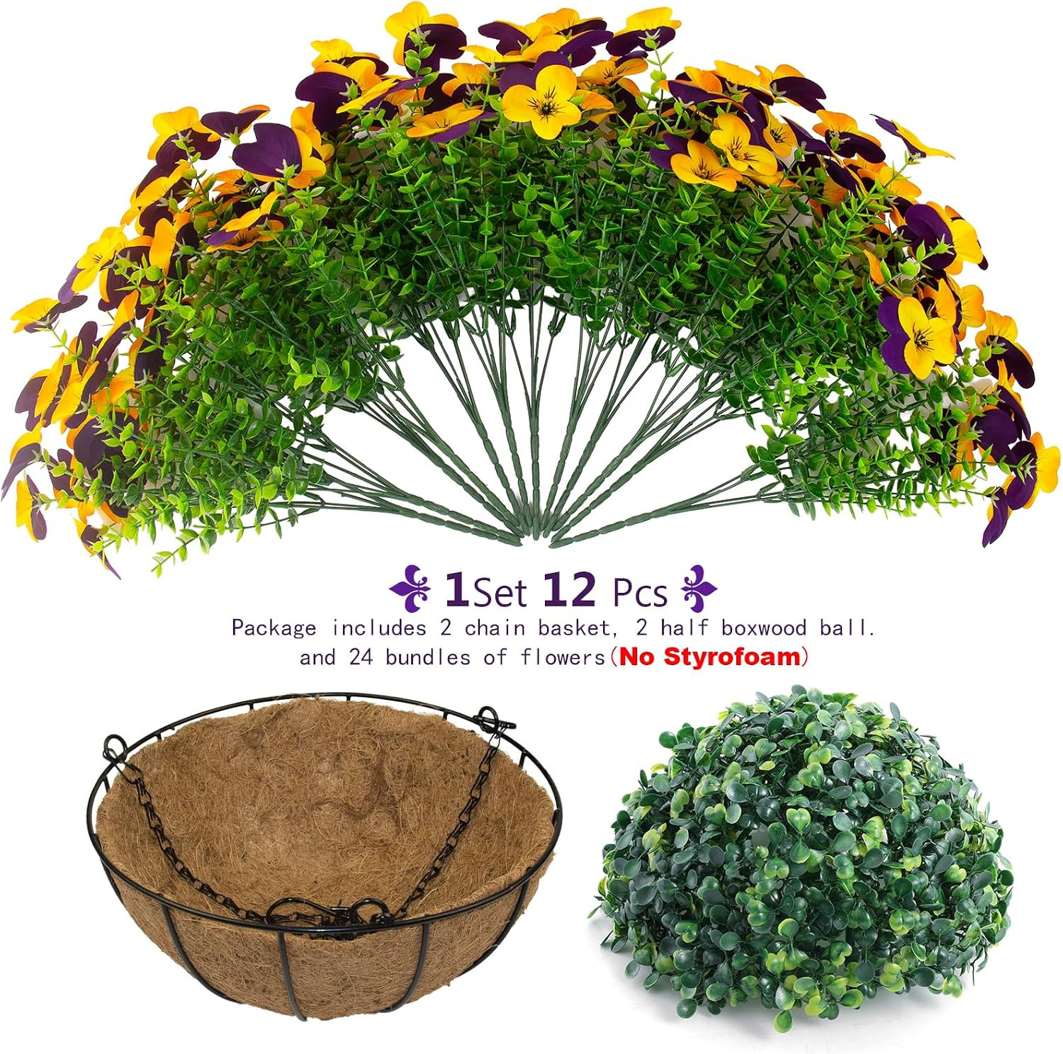 2 Set Artificial Pansy Flowers with Hanging Baskets for Spring Decor