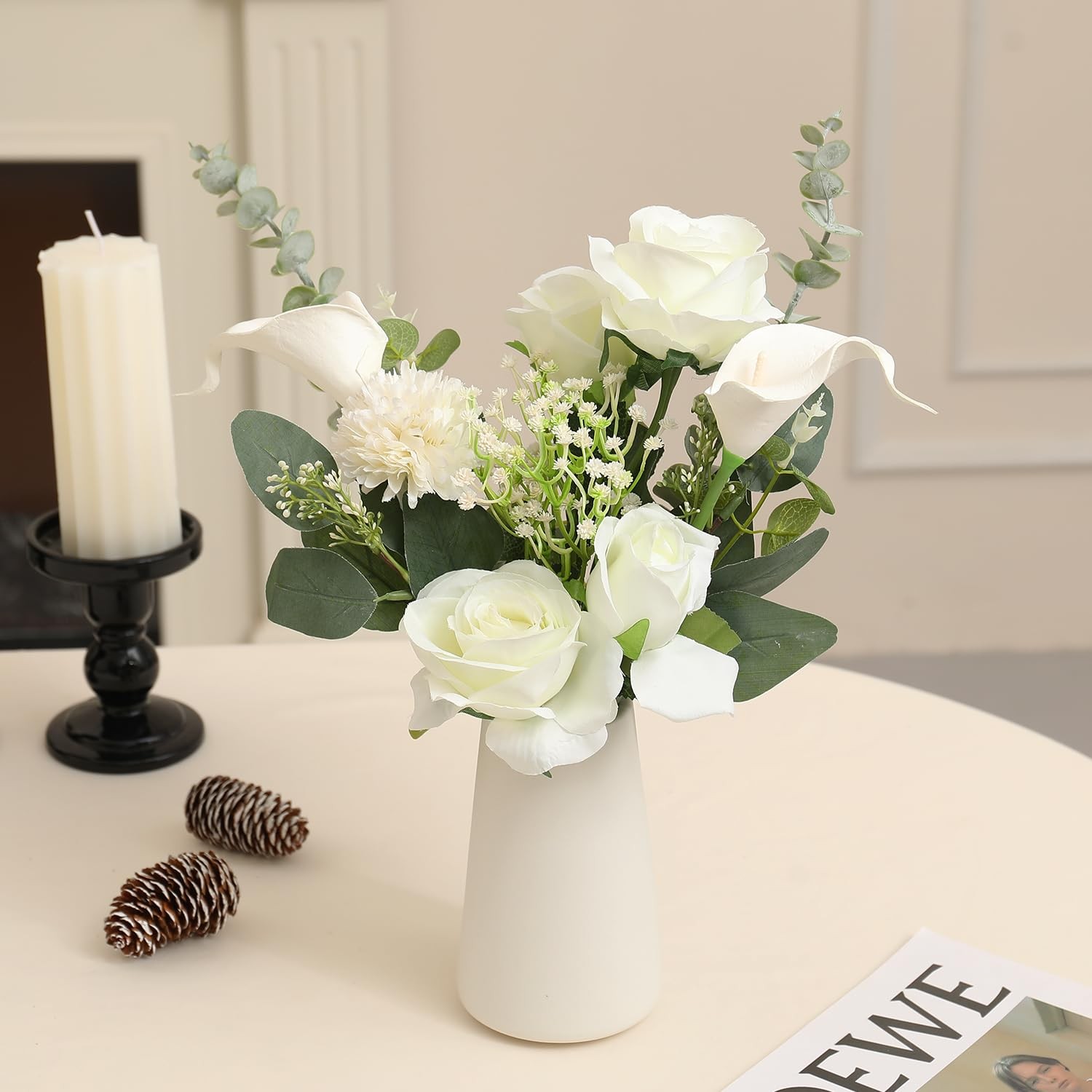 Fake Flowers with Ceramic Vase, Artificial Silk Roses in a Vase, Faux Flowers…