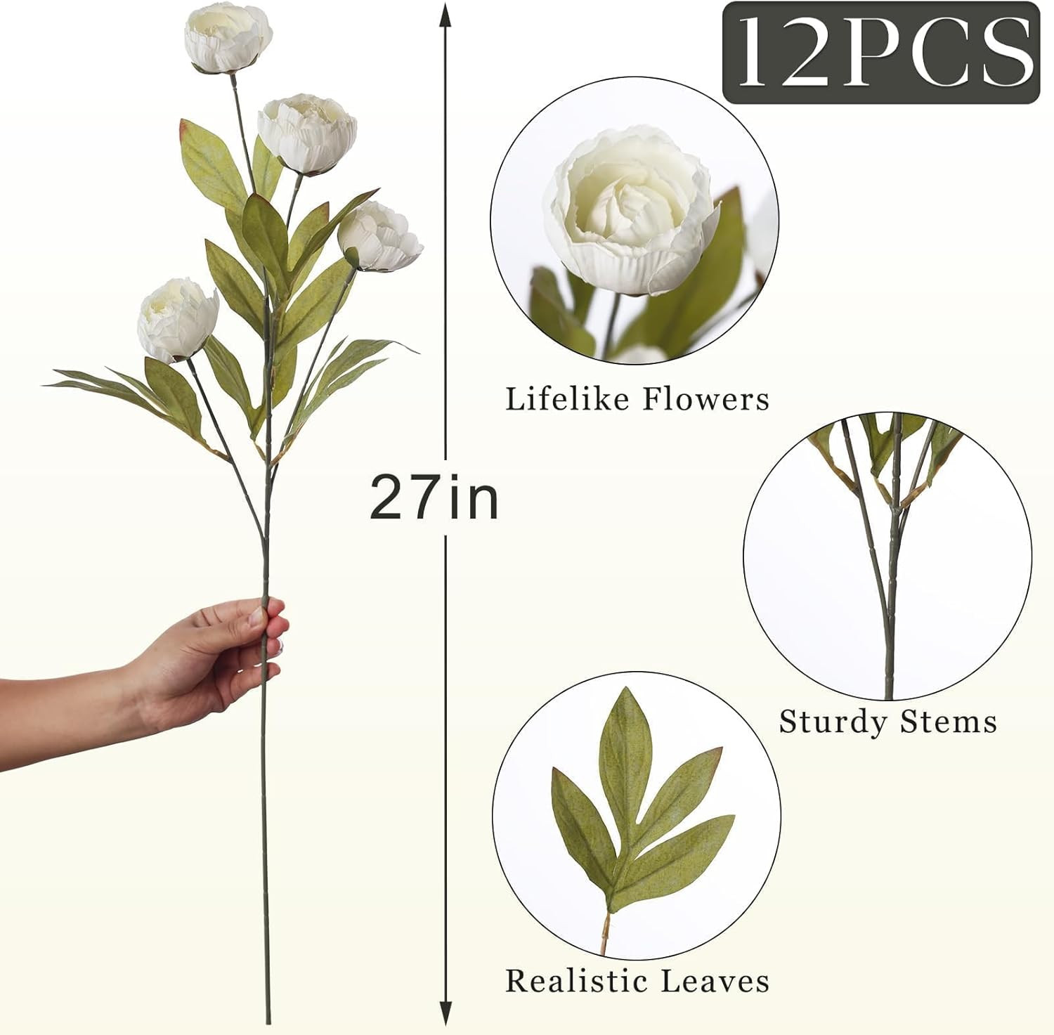 12 Pcs Faux Silk Peony Artificial Flowers for Vase -27″, Bulk Fake Peonies Branc