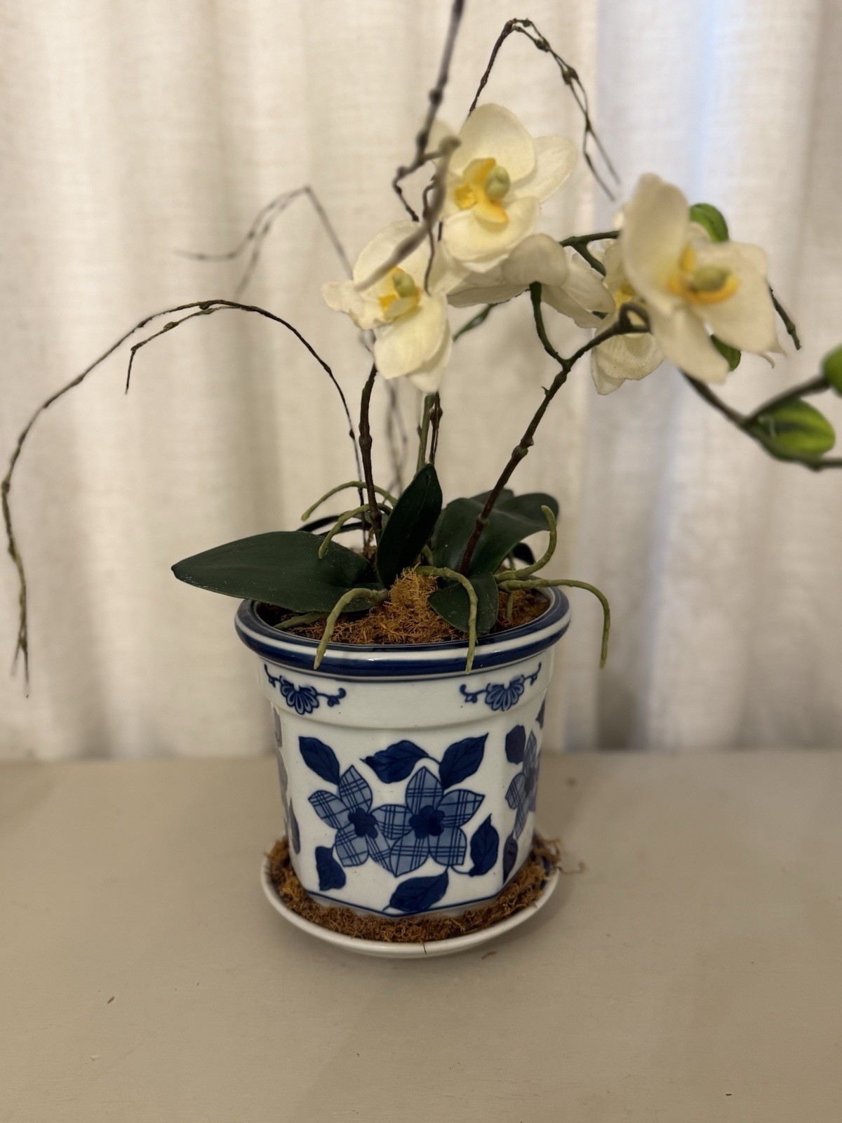 16″ Faux White Orchid Artificial Floral Arrangement Blue White Chinoiserie Pot