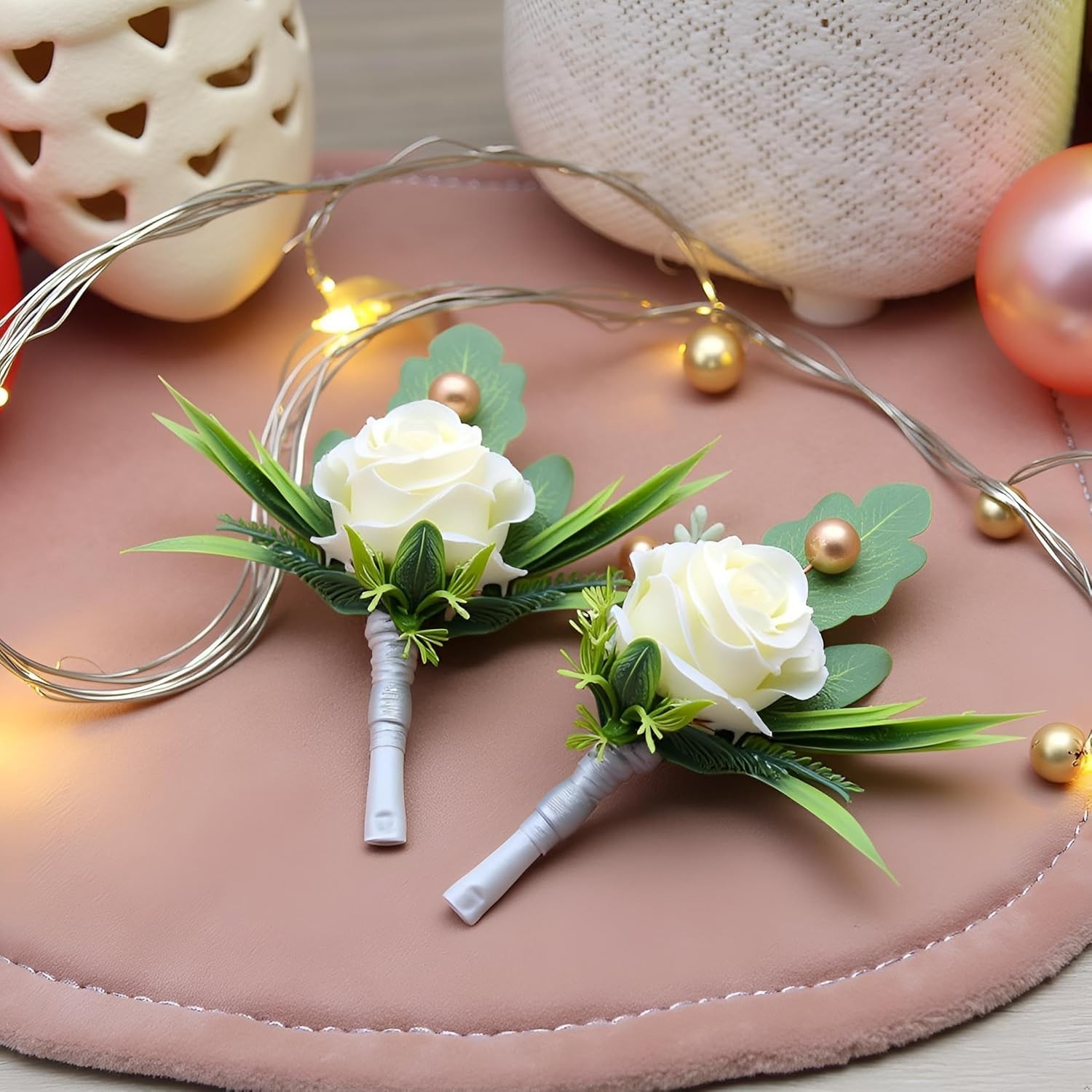 2Pcs Roses Boutonniere for Men Wedding, Groom Groomsman Artificial White Rose…