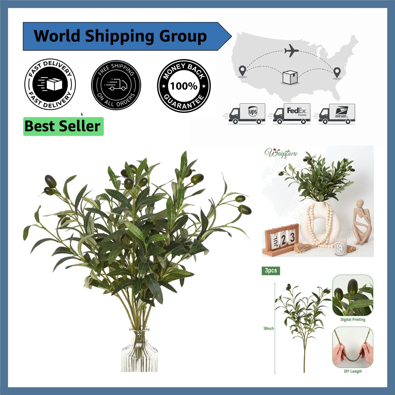 18-Inch Faux Olive Branches – Lifelike Olive Decor for Stylish Vases – Set of 3