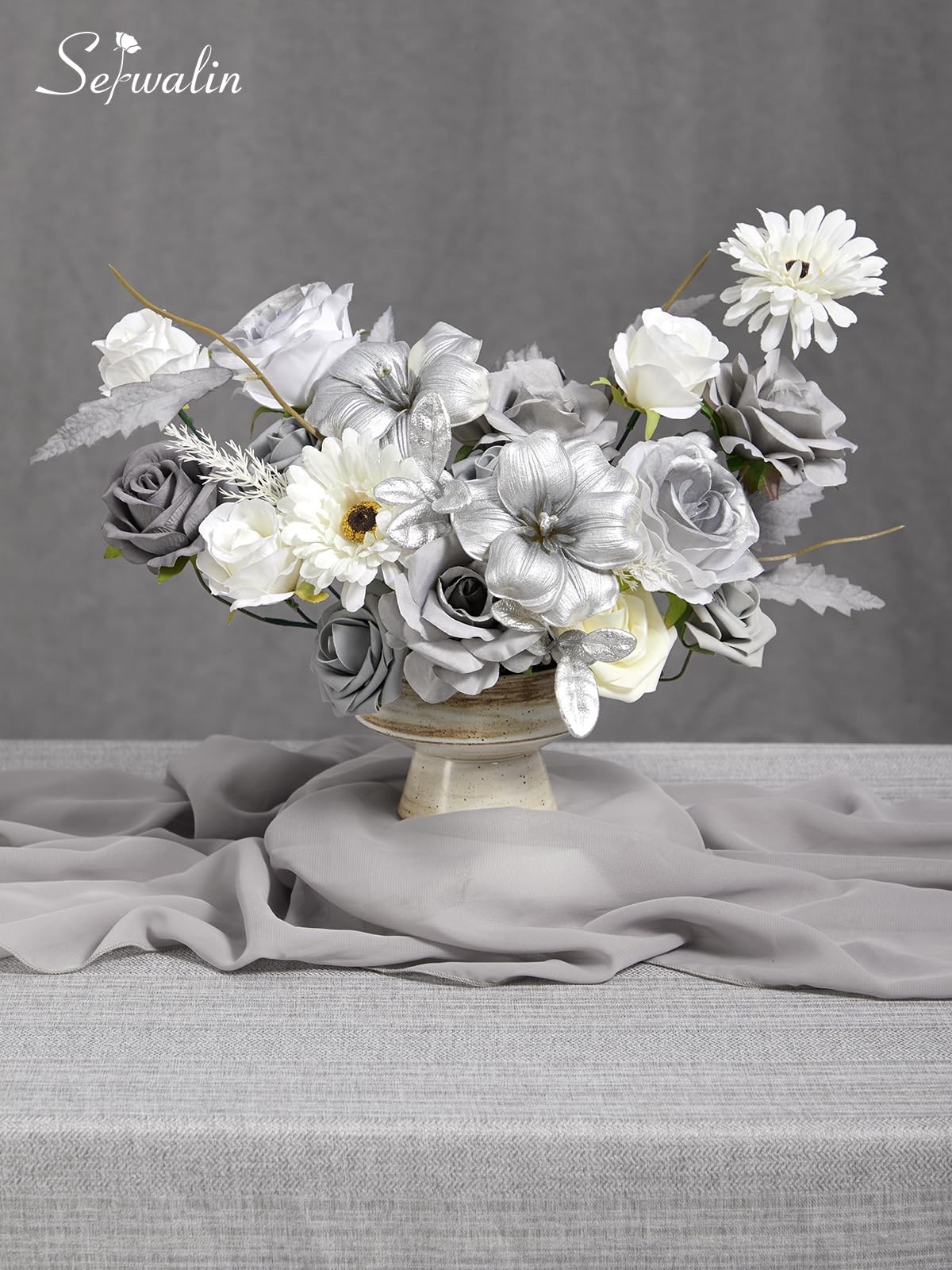 Artificial Flower Silver Grey Roses White Fake Cake Box Set Wedding Decor