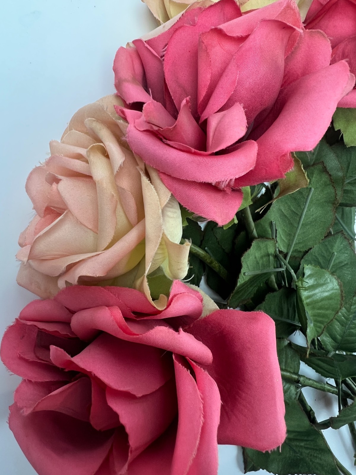 6 True VINTAGE long stem silk roses pink cream ombre faux artificial 15″