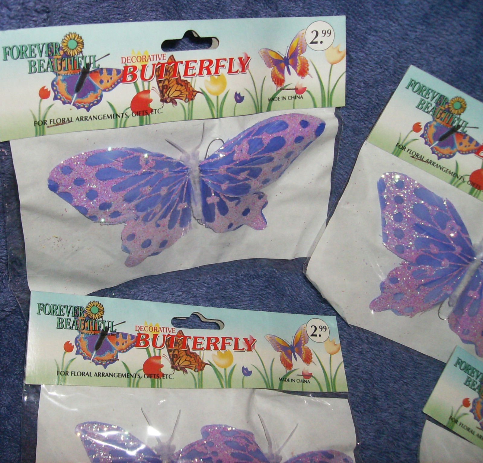 PURPLE/SILVER BUTTERFLY ON WIRE STEMS 3 LG 6 MED FLORAL ACCESSORIES CRAFTS #3