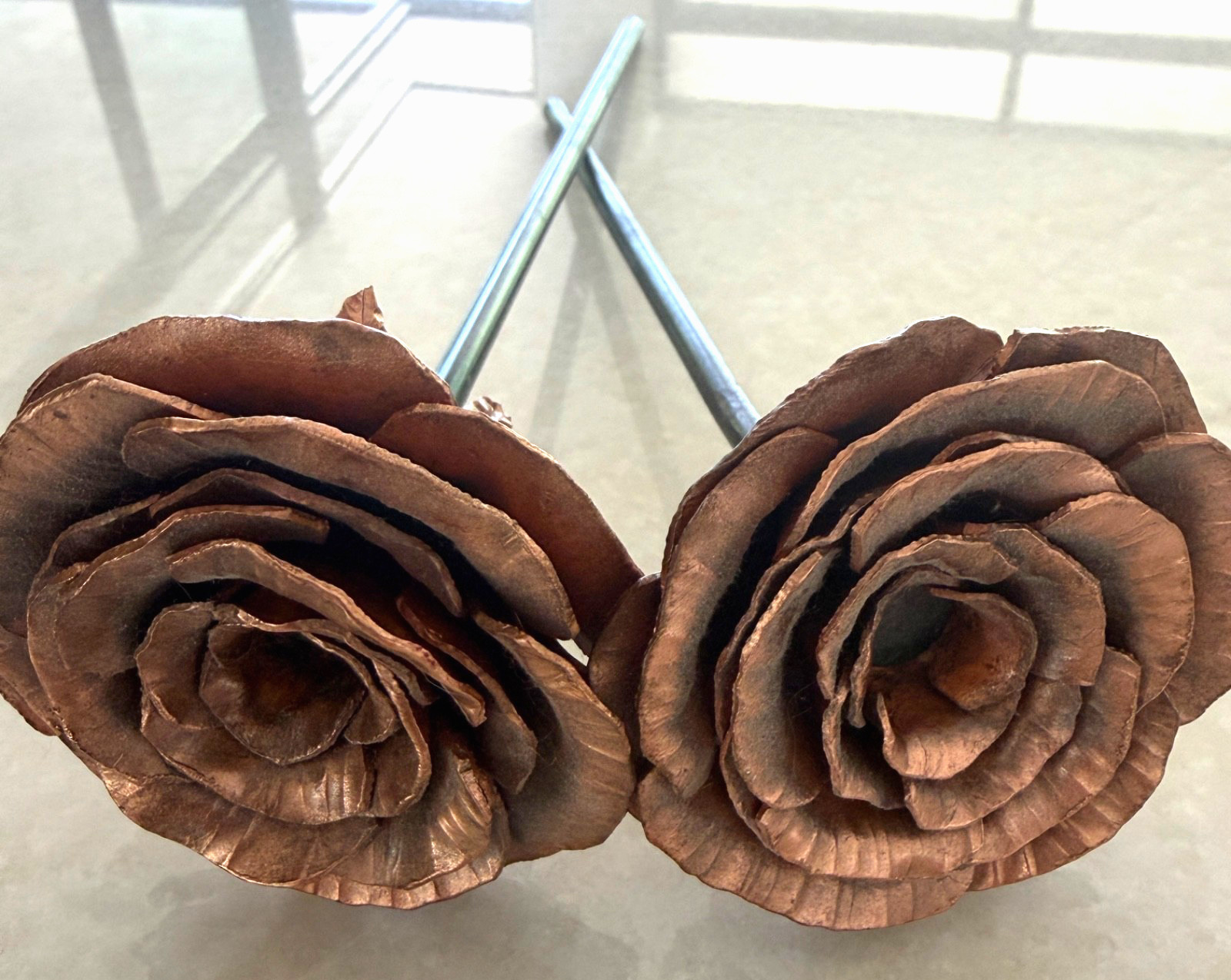 Copper-Tone Metal Rose Sculpture Pair 7” 9” Handcrafted Floral Decor