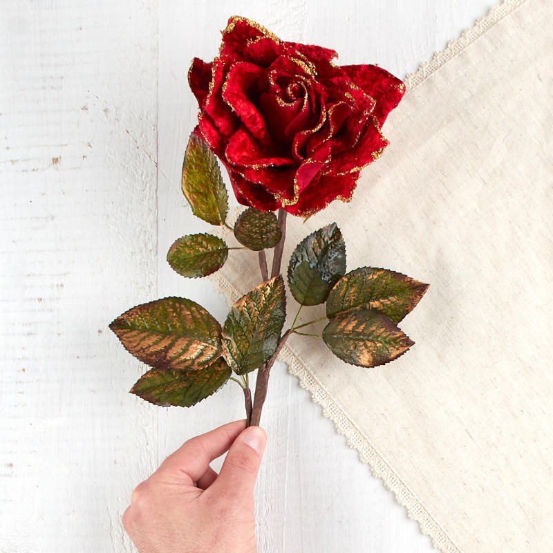 Set of 2 Sparkling Red Velvet Artificial Rose Stems
