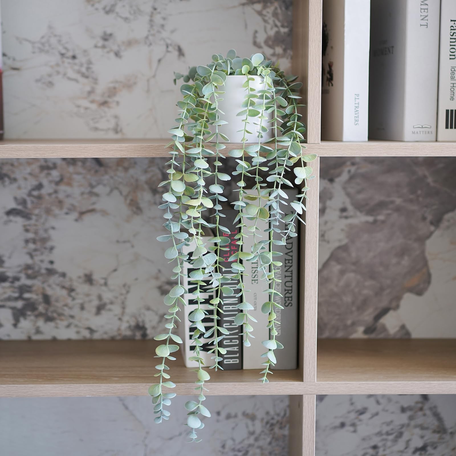 Medium Decorative Hanging Plant Faux Ivy Eucalyptus Vine Greenery White Pot