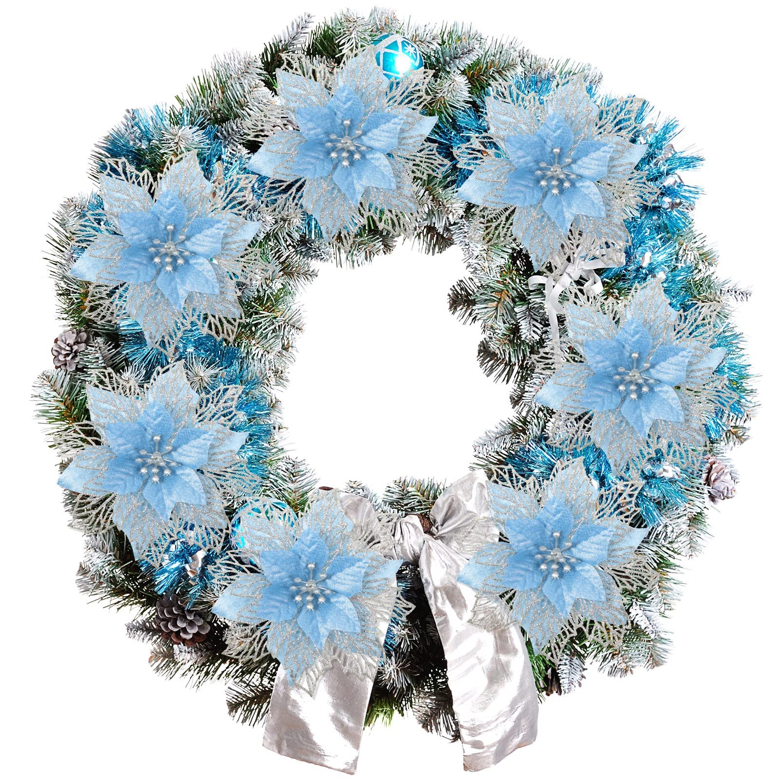 24 Pieces Happy New Year Glitter Poinsettia Flowers Blue Tree Ornament Decor