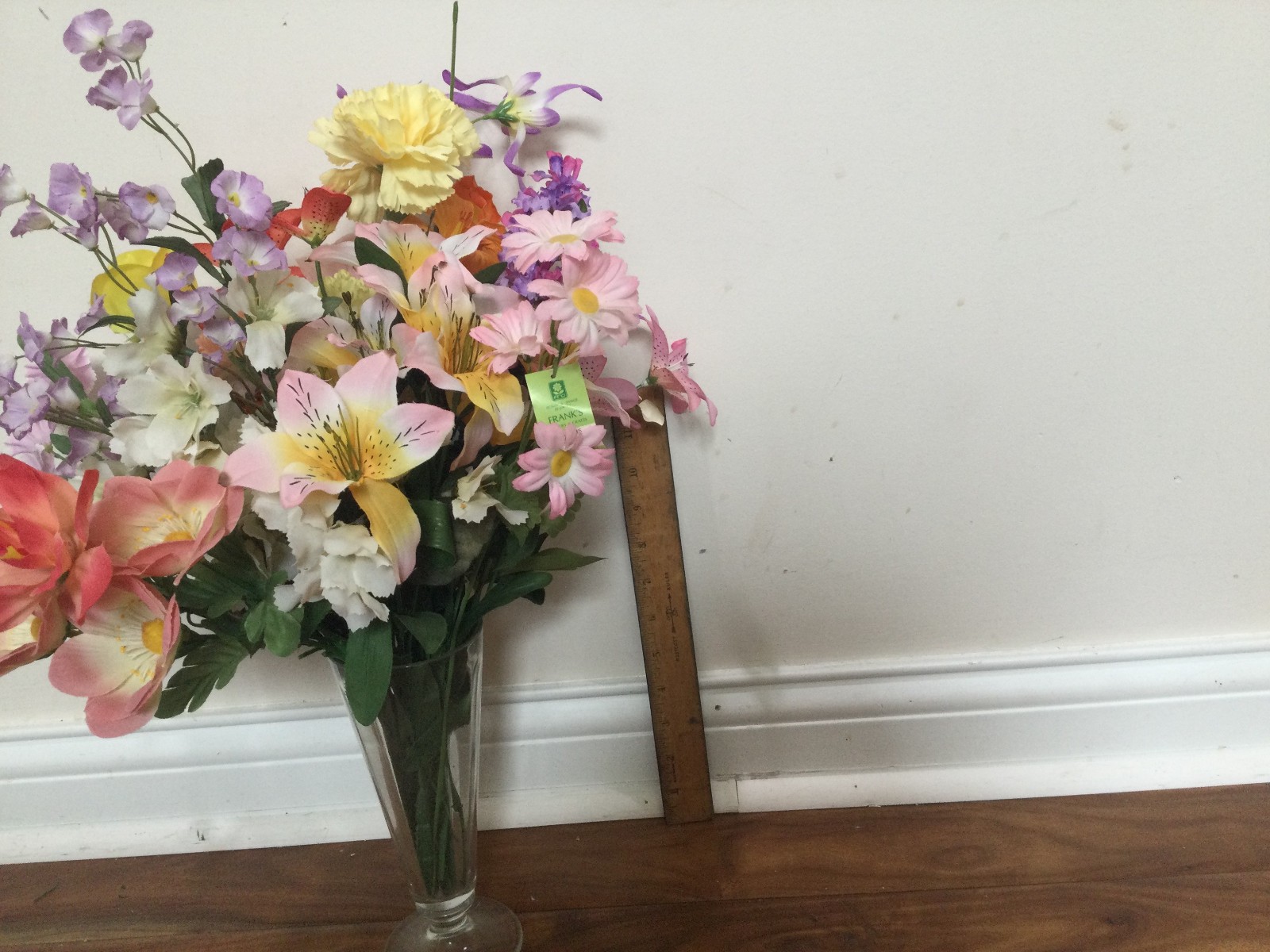 vintage floral arrangement faux flowers silk in a pedestal glass lilies pink