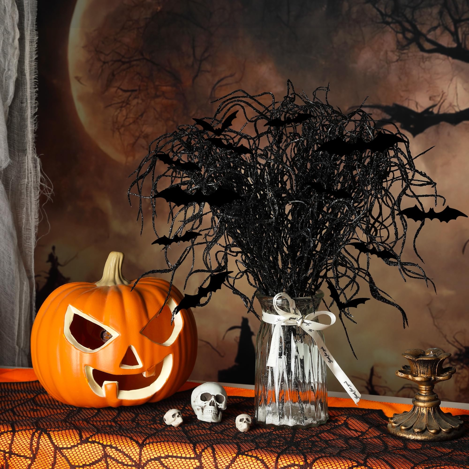 24 Pcs Halloween Artificial Curly Willow Branches with 12 Pcs Bats- Fake Blac…