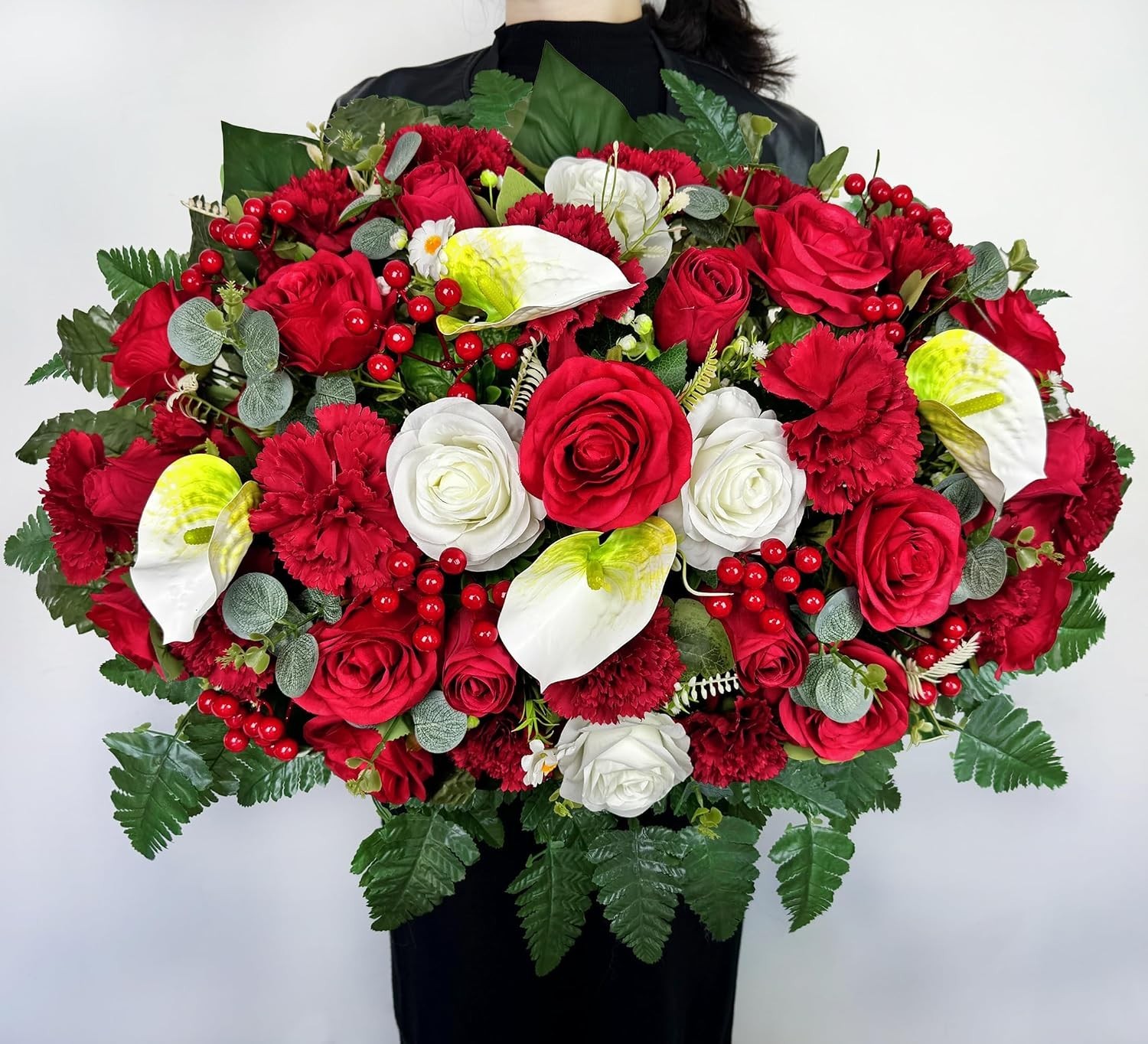 Artificial Cemetery Flower with Vases for Grave Decoration, 3PC,Red Rose Carn…