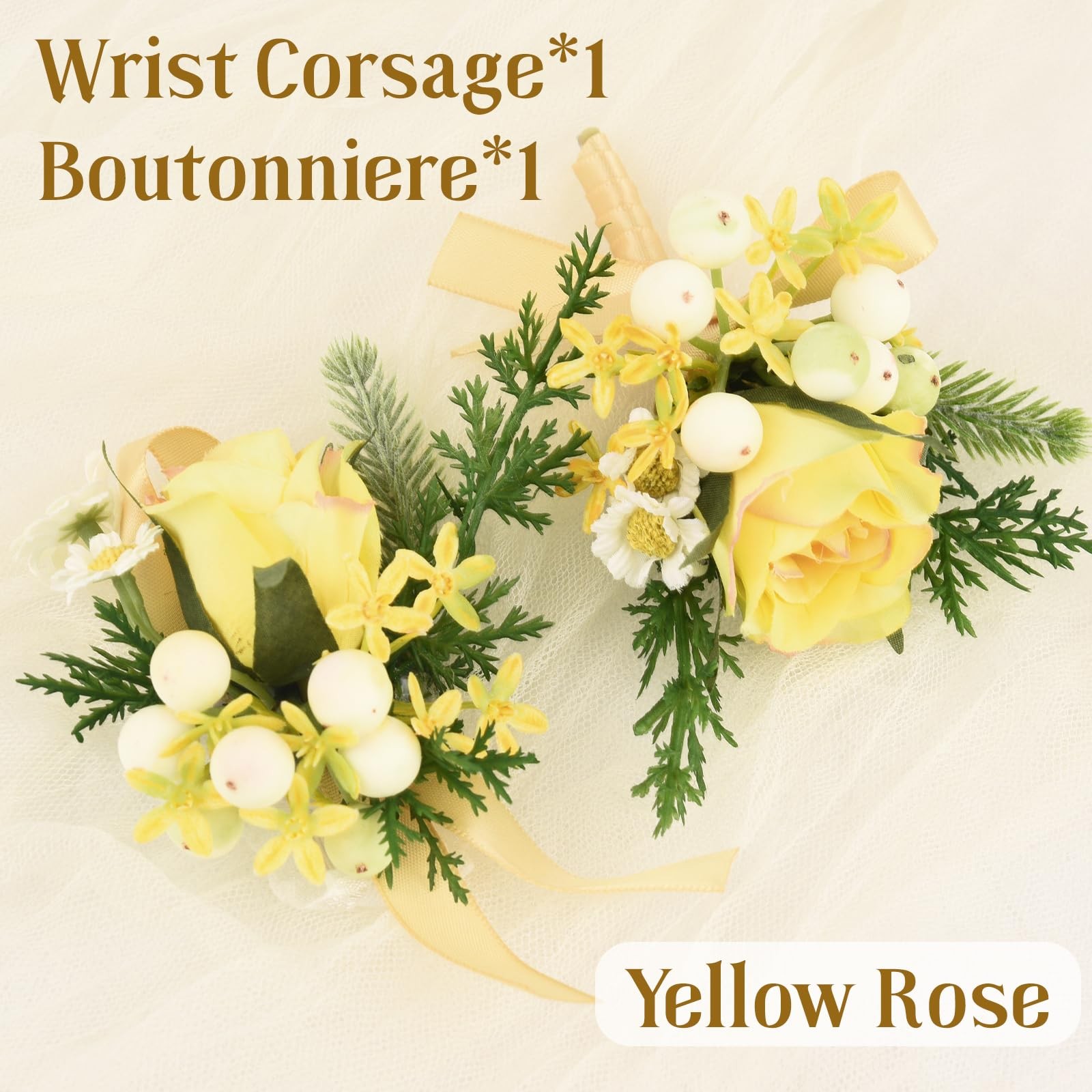 2 PCS Wedding Wrist Corsage Boutonniere Set Light Yellow Rose Hand Flower Prom
