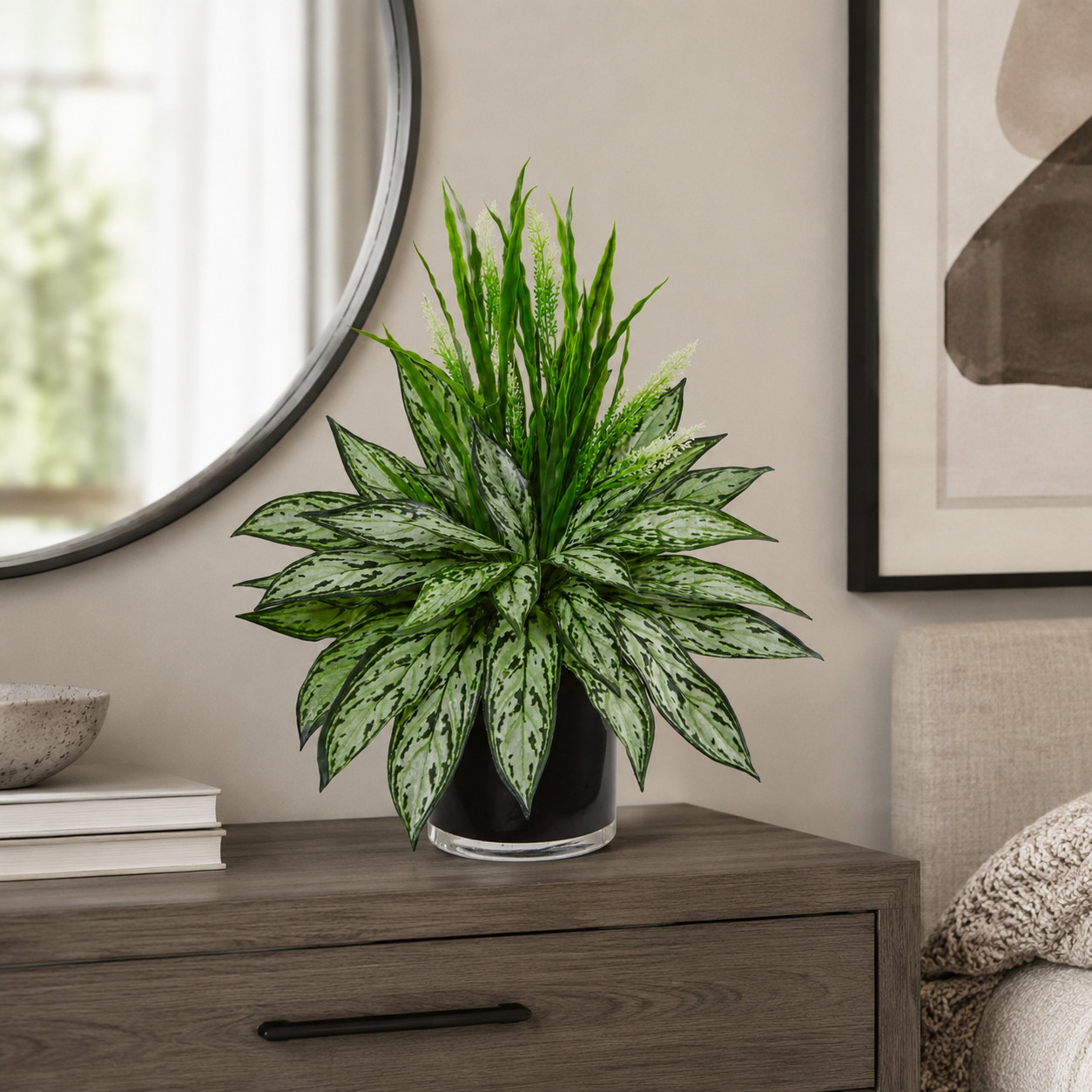 20″ Silver Queen and Grass Artificial Plant in Black Vase