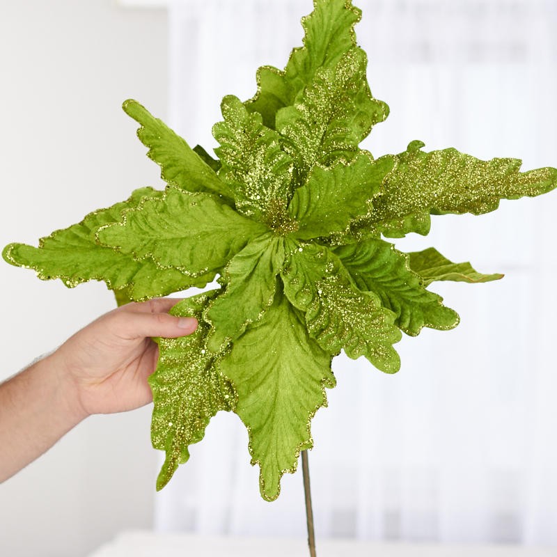 38″ Tall Light Green Glittered Velvet Poinsettia Spray Stem