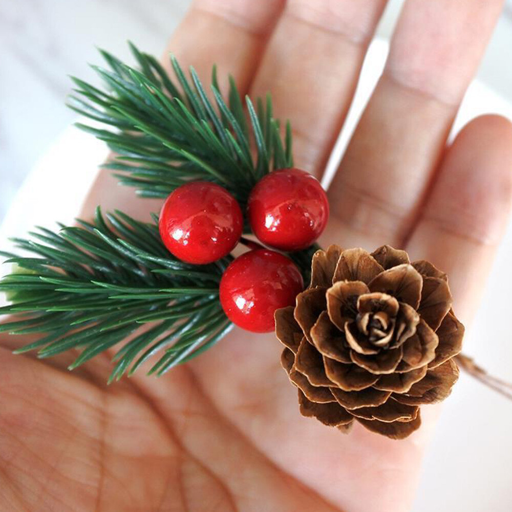 10pcs Red Christmas Berry Artificial Flower Pine Cone Branch Party Xmas Supplies
