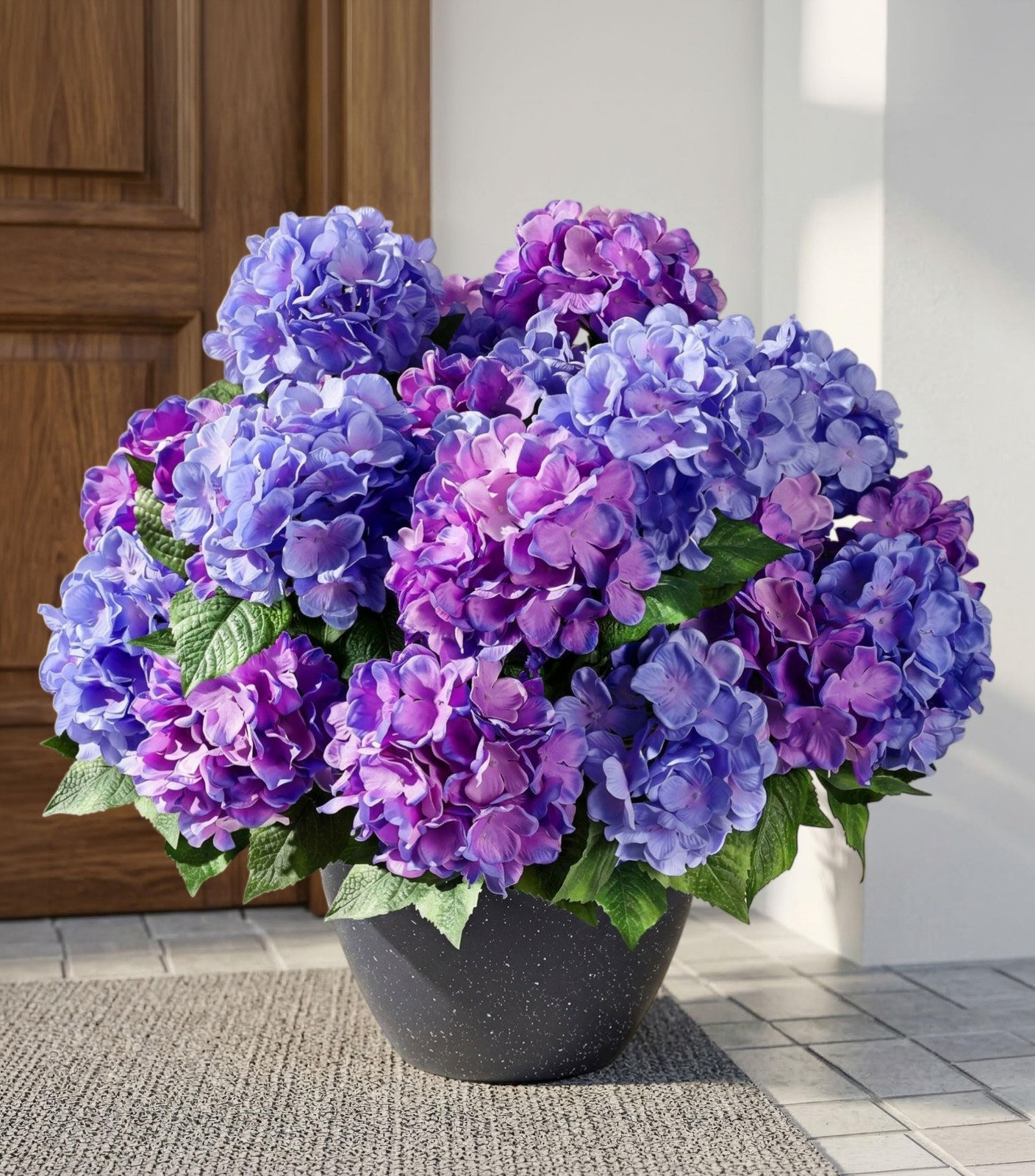4 PCS UV Resistant Purple Blue Fake Silk Hydrangea Stems – Realistic Faux Flower