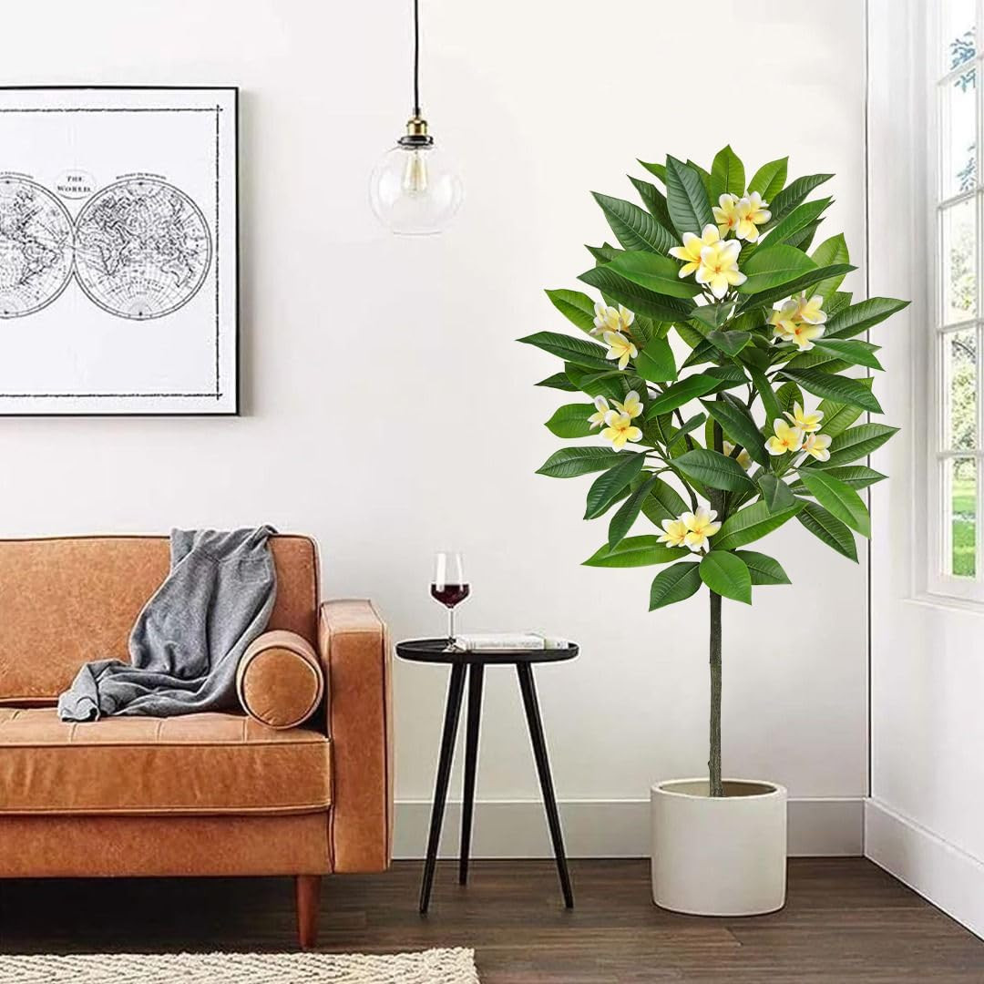 Artificial Plants Indoor 5.09Ft Fake Tropical Plumeria Flowers Tree in Black Pot