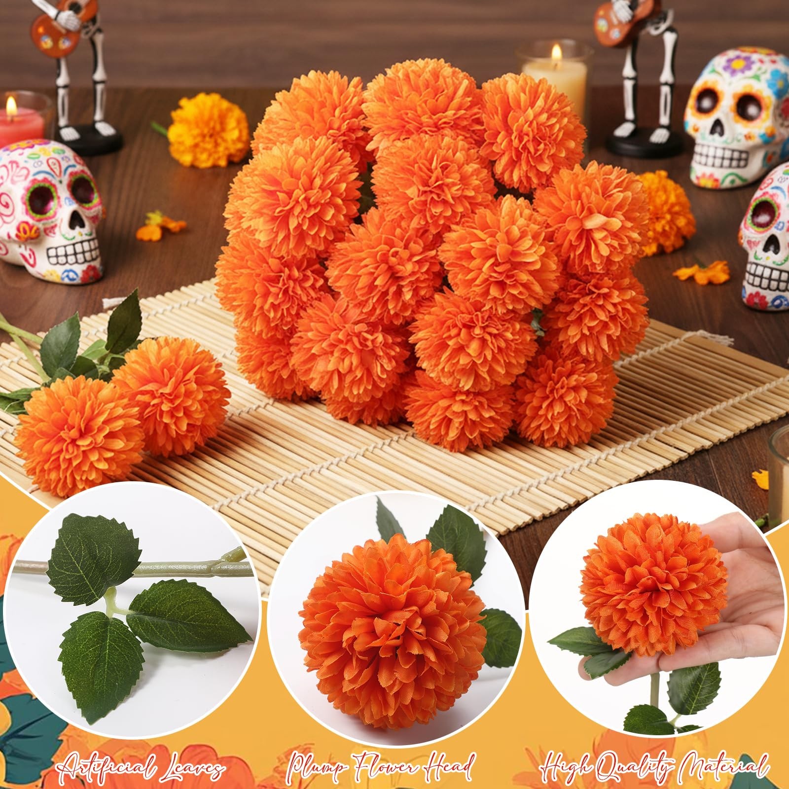 36 PCS Orange Artificial Marigolds Bulk Faux Silk Flowers Floral Decor