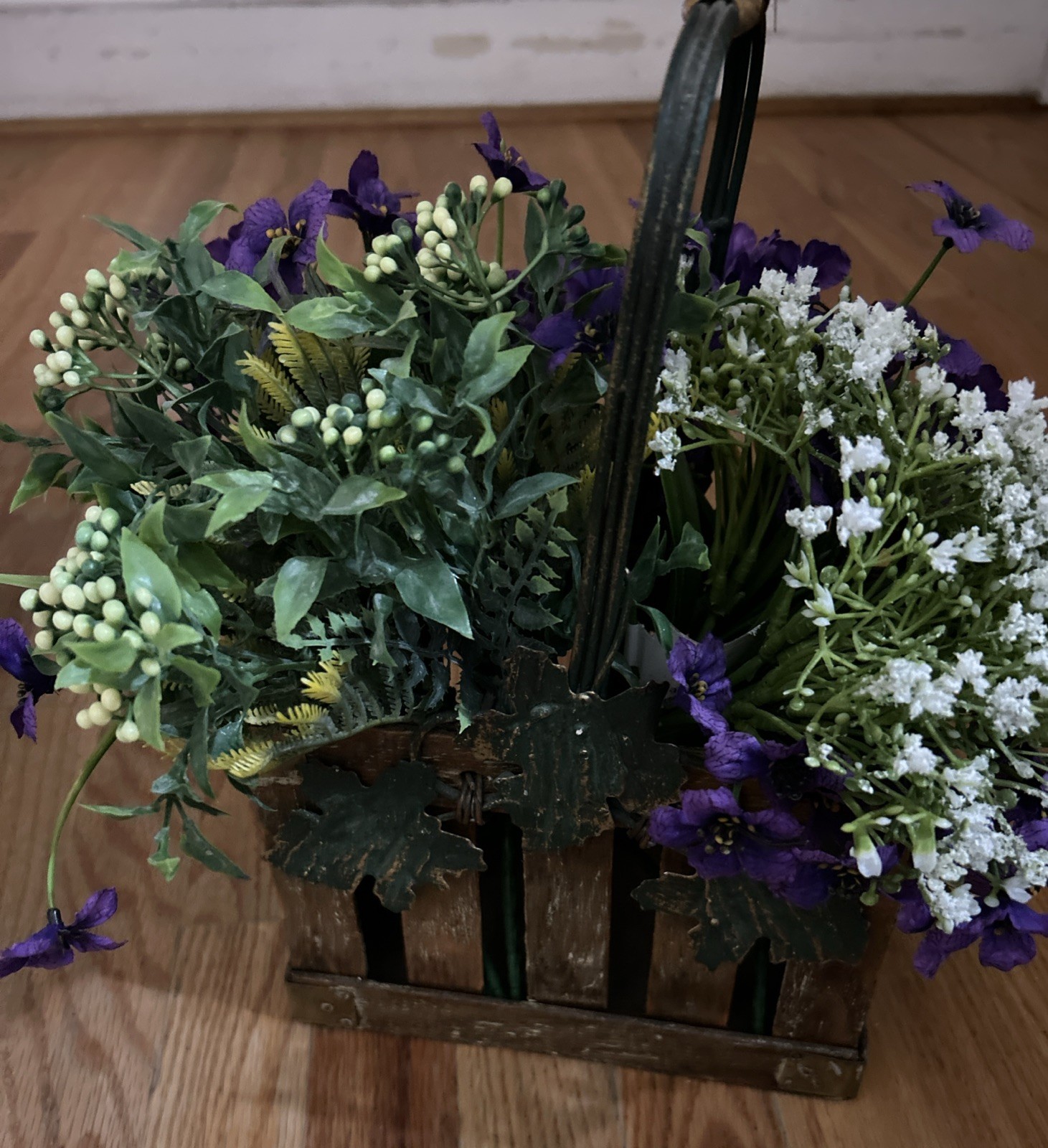 Beautiful Purple & White Floral Arrangement In A Crate With Handle Metal Leaves