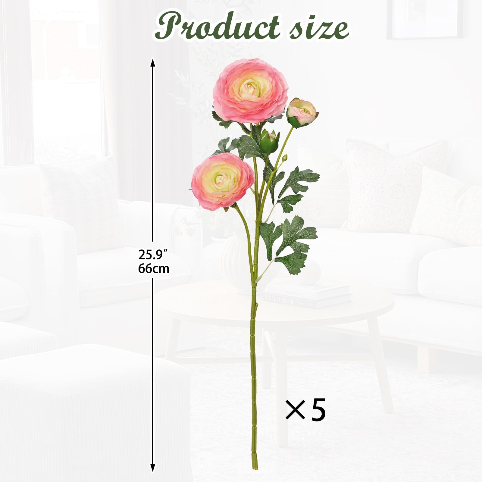 Pink Ranunculus Artificial Flowers Bouquets, Set of 5 25.9” Long Stems Faux …