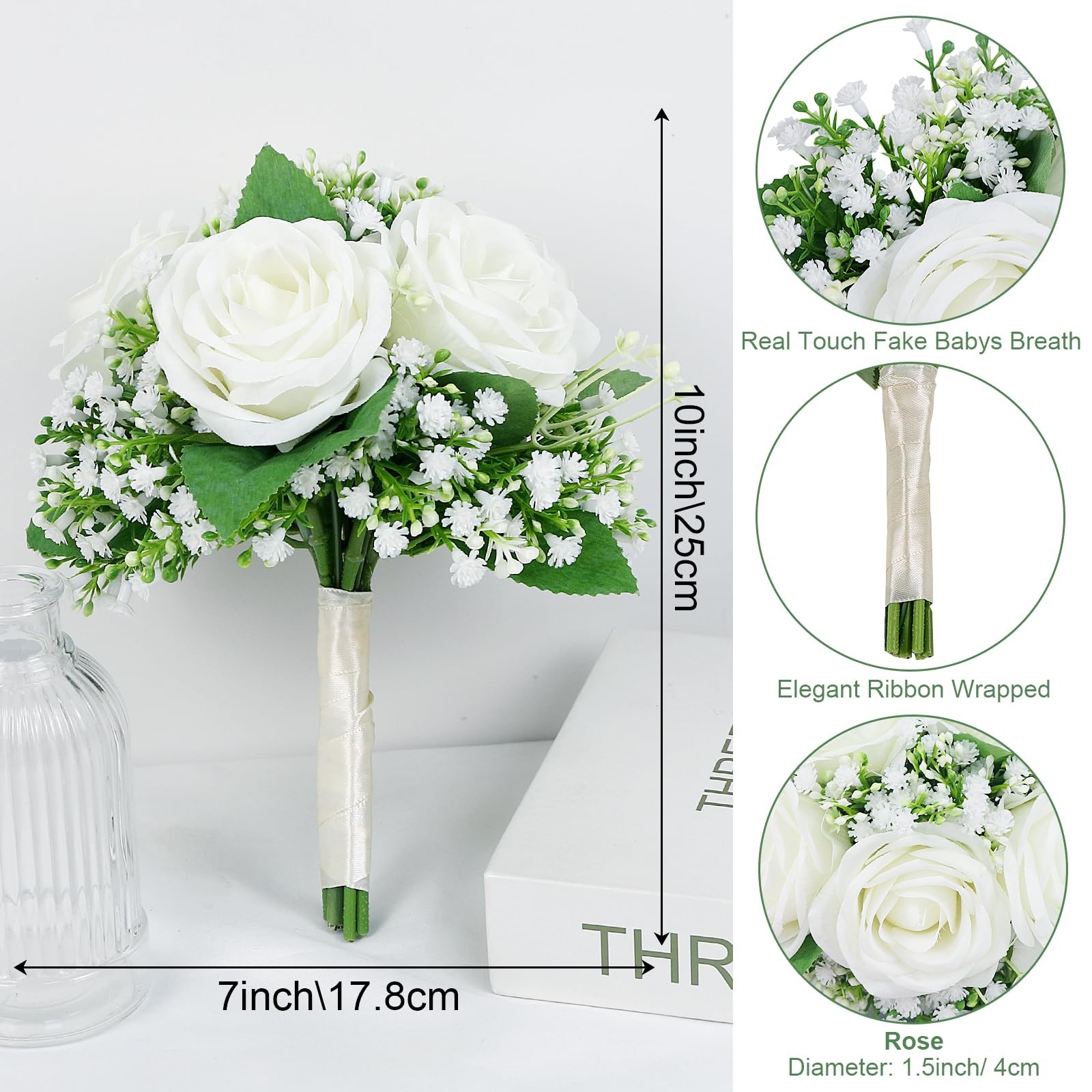 Set of 4 Bridesmaid Bouquets for Wedding – 7 Inch Ivory White Fake Flower Bou…