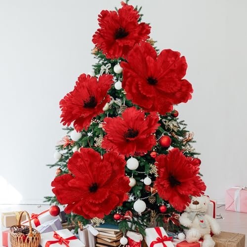 6 Pcs Red Velvet Poinsettia & Magnolia Flowers – Witch Party Decor, Wedding, Bir
